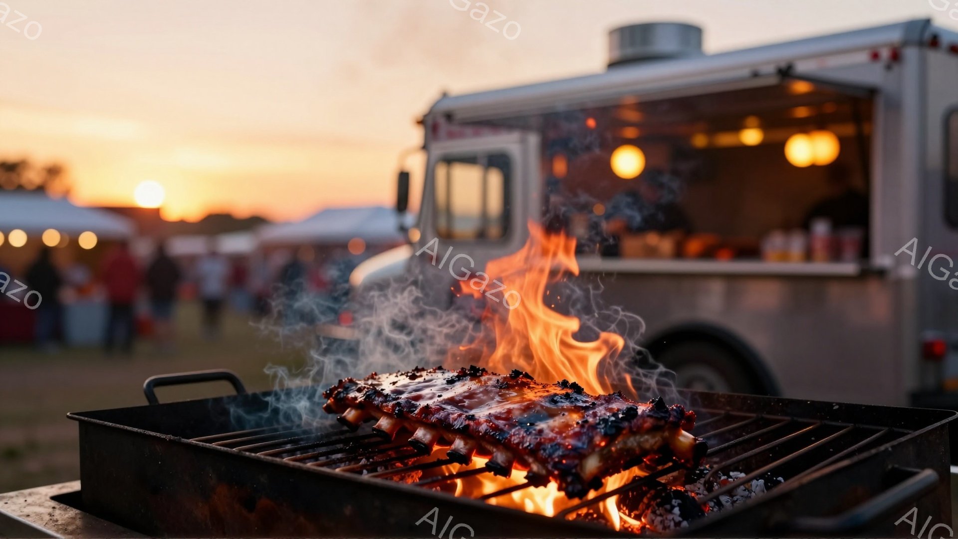 鉄製のバーベキューグリル上で、炎が立ち上るリブ肉が鮮やかに映っている。背景には夕焼け空の下、屋台や人々がぼんやりと見え、温かい雰囲気と活気を感じさせる。夕焼け空の色合いと炎のオレンジ色が相まって、食欲 - AI生成フリー素材