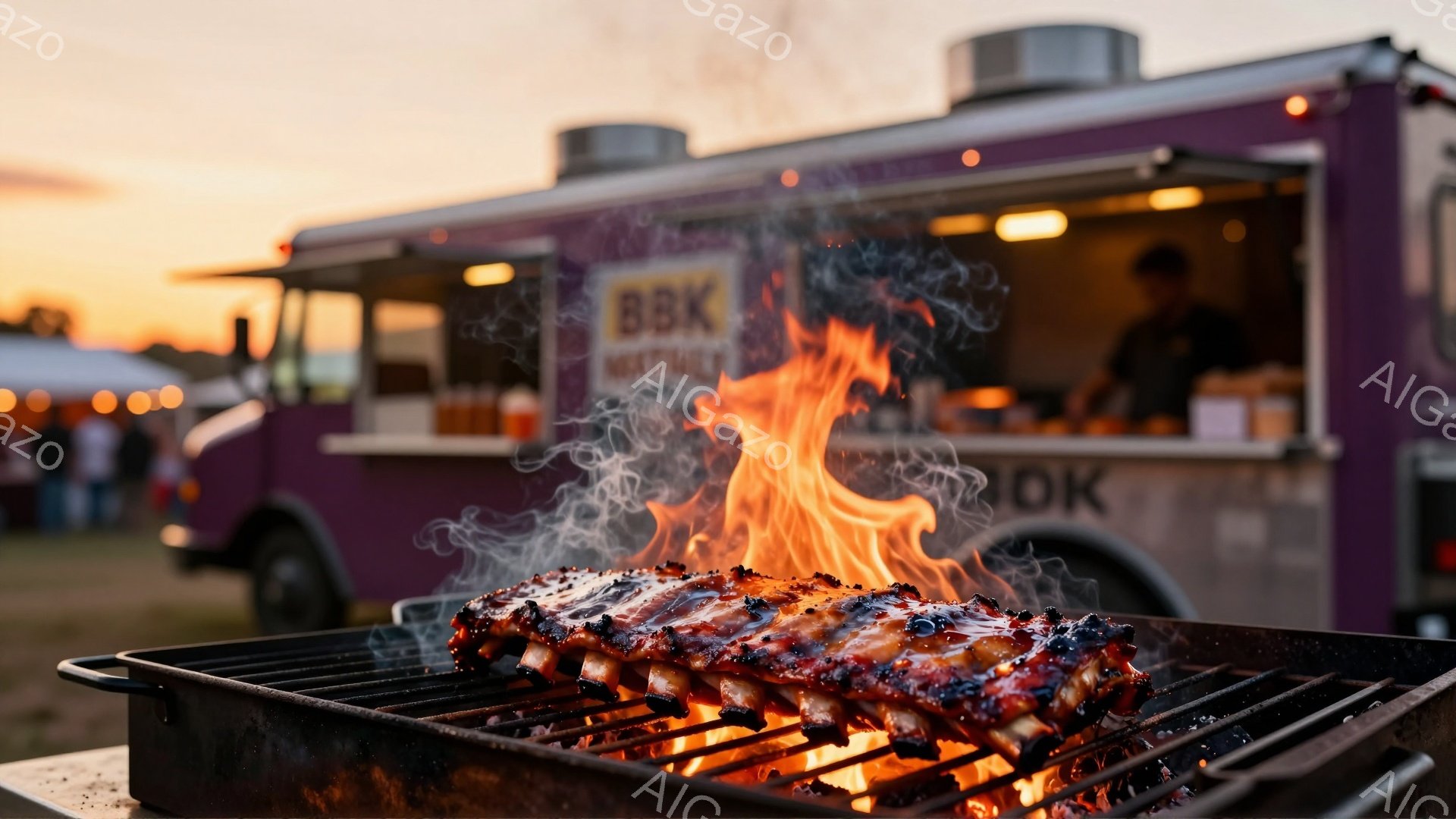 炎が立ち上る、焦げ付き始めたスペアリブが鉄製のグリルに並べられている。背景には、ピンク色の「BBQ」と書かれた紫色のフードトラックがあり、夕焼け空の下、ぼんやりと人影が見える。暖かく活気のある雰囲気で - AI生成フリー素材