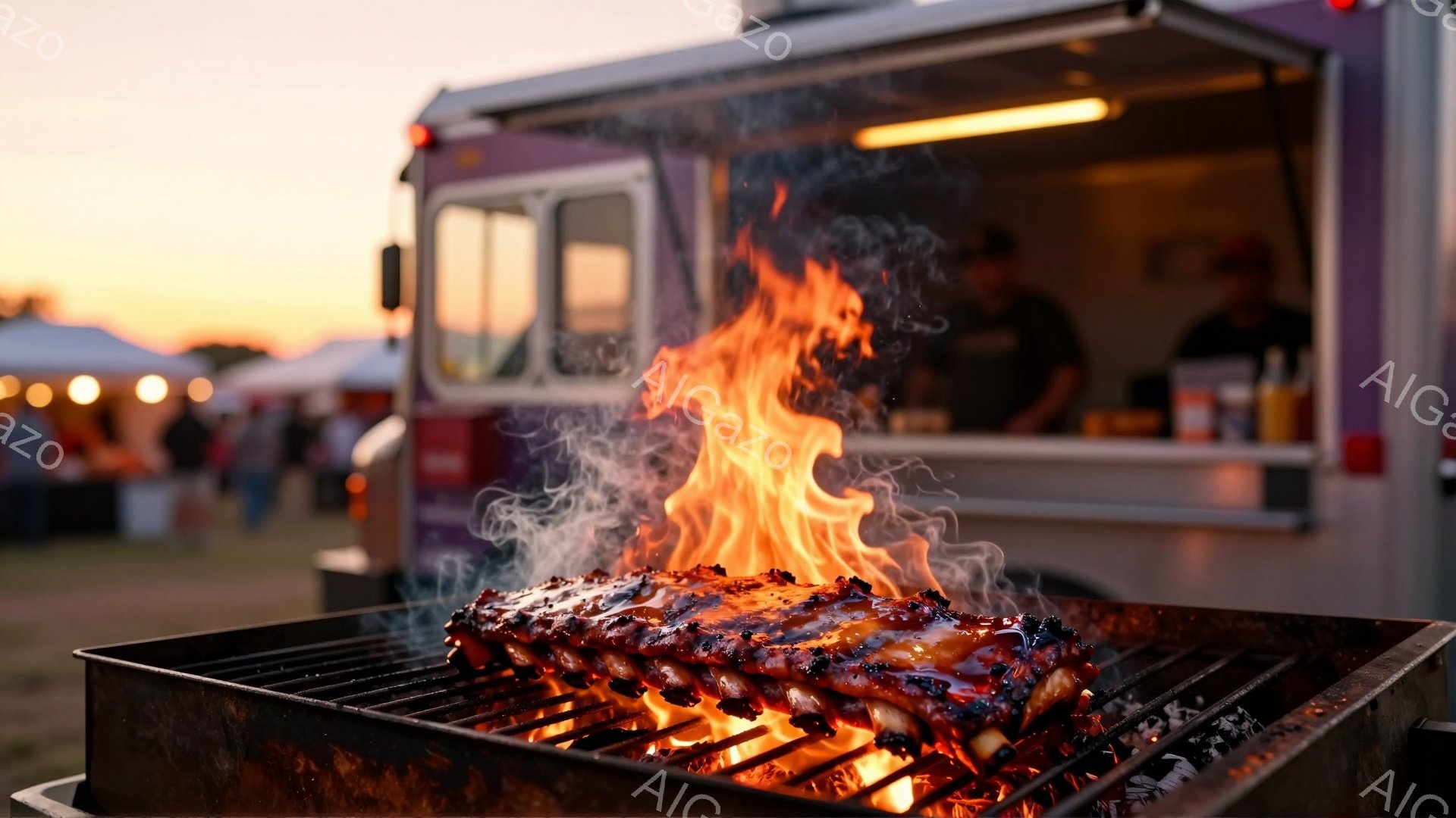 燃え盛る炎に包まれたスペアリブが、鉄製のグリル網の上で焼かれています。背景には、夕焼け空の下、フードトラックや人々が見え、活気のある屋外イベントの様子が伺えます。暖かく、食欲をそそる雰囲気が伝わってきます。