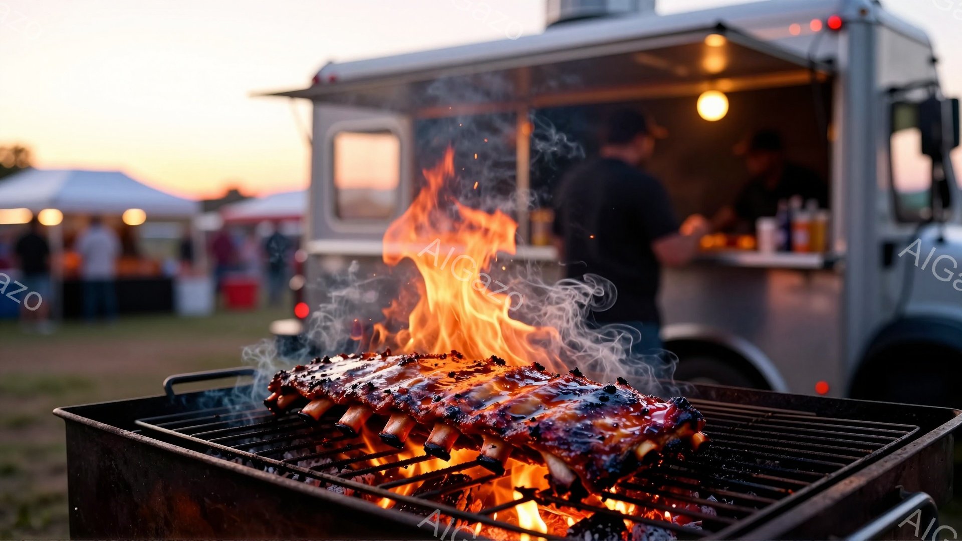 燃え盛る炎に照らされたスペアリブが、鉄製のバーベキューグリルの上で調理されている。背景には、ライトアップされたキッチンカーと、ぼんやりとした人影が見え、夕暮れ時の屋外イベント会場の賑わいを感じさせる。暖色系の照明と炎の輝きが、温かく活気のある雰囲気を醸し出している。