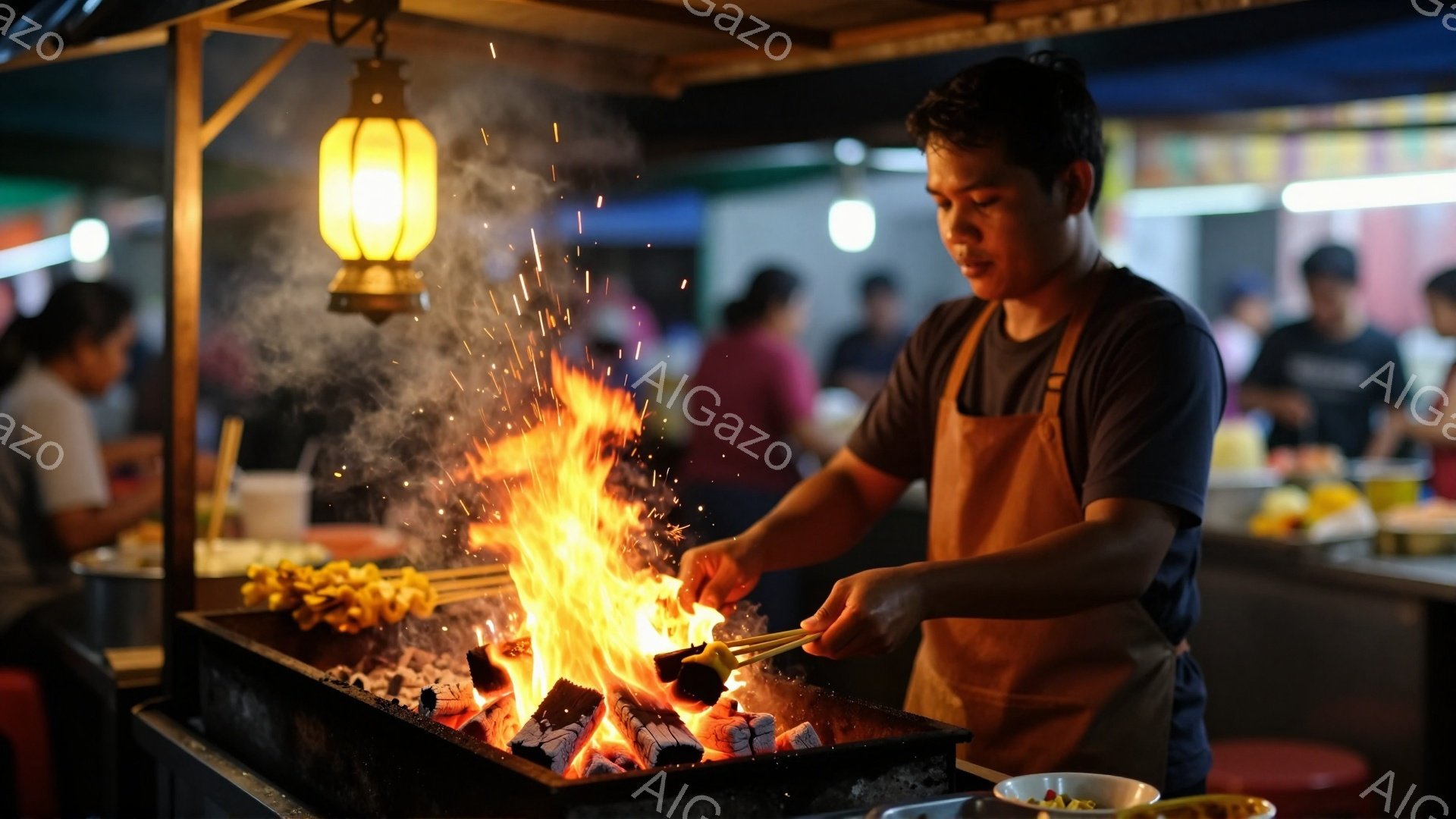 男性が炭火で何かを焼いている様子が写っている。彼は黒いTシャツにエプロンをつけ、短い髪をしている。背景には他の人々や屋台、そして暖色の光がぼんやりと見え、賑やかな夜の屋台の雰囲気が漂っている。