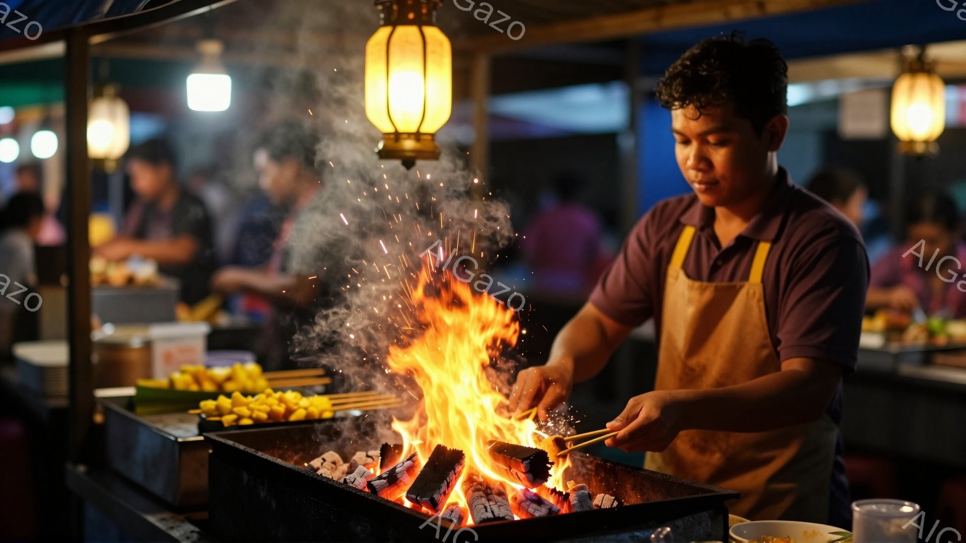 屋台で炭火焼きをする男性が写っている。彼は紫色のTシャツにエプロンを着用し、短く刈り込んだ髪をしている。炭火の炎が勢いよく立ち上り、焼き鳥のような串焼きを調理している様子が伺え、背後には薄暗い屋台と他の人々が見える。