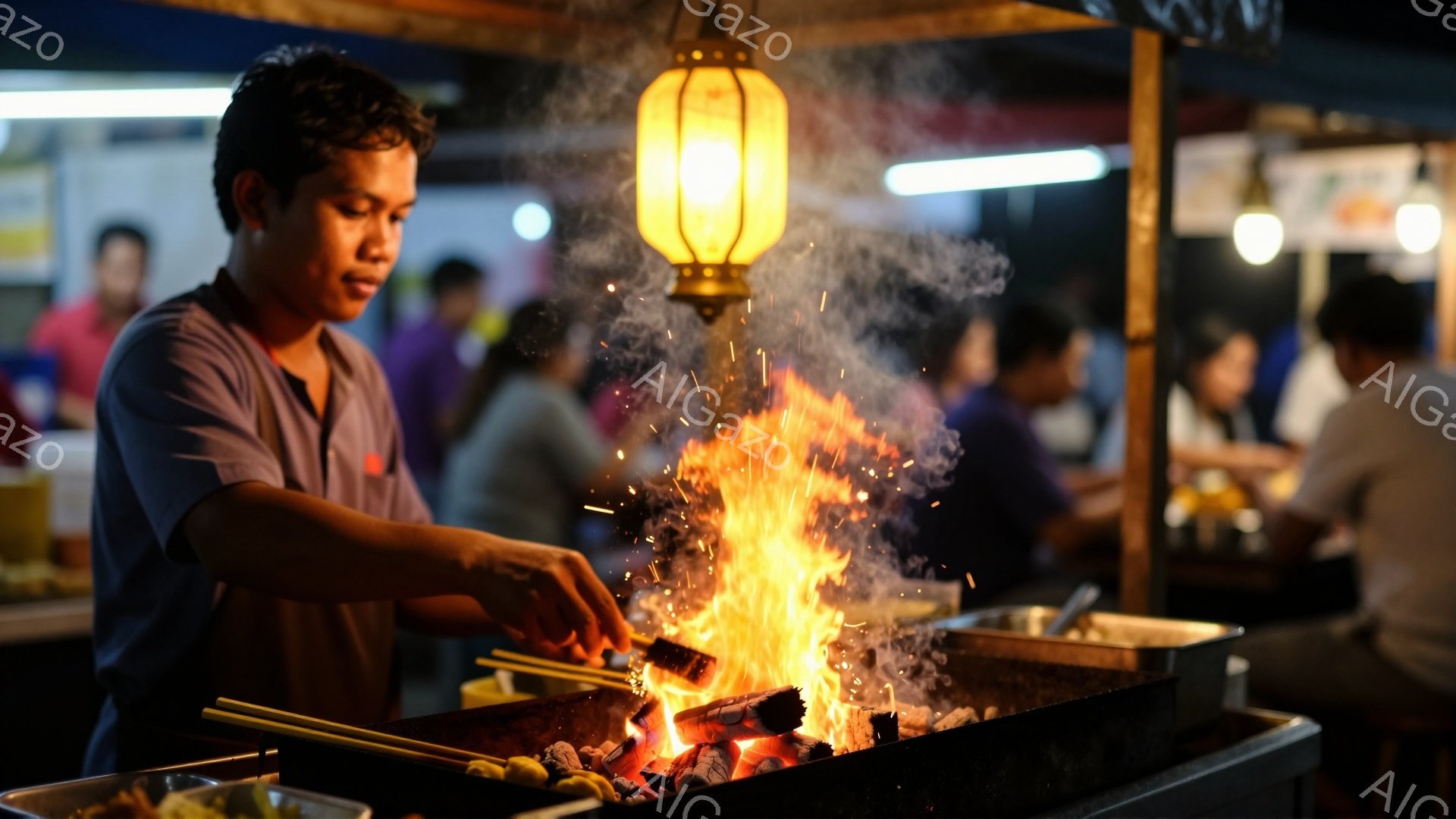 屋台の男性が炭火を使って調理をしている様子が写っている。彼は薄い水色のTシャツを着ており、短く刈り込んだ髪をしている。背景には他の客が座っており、屋台の天井には提灯が灯っている、賑やかで活気のある夜の屋台の雰囲気を感じさせる。