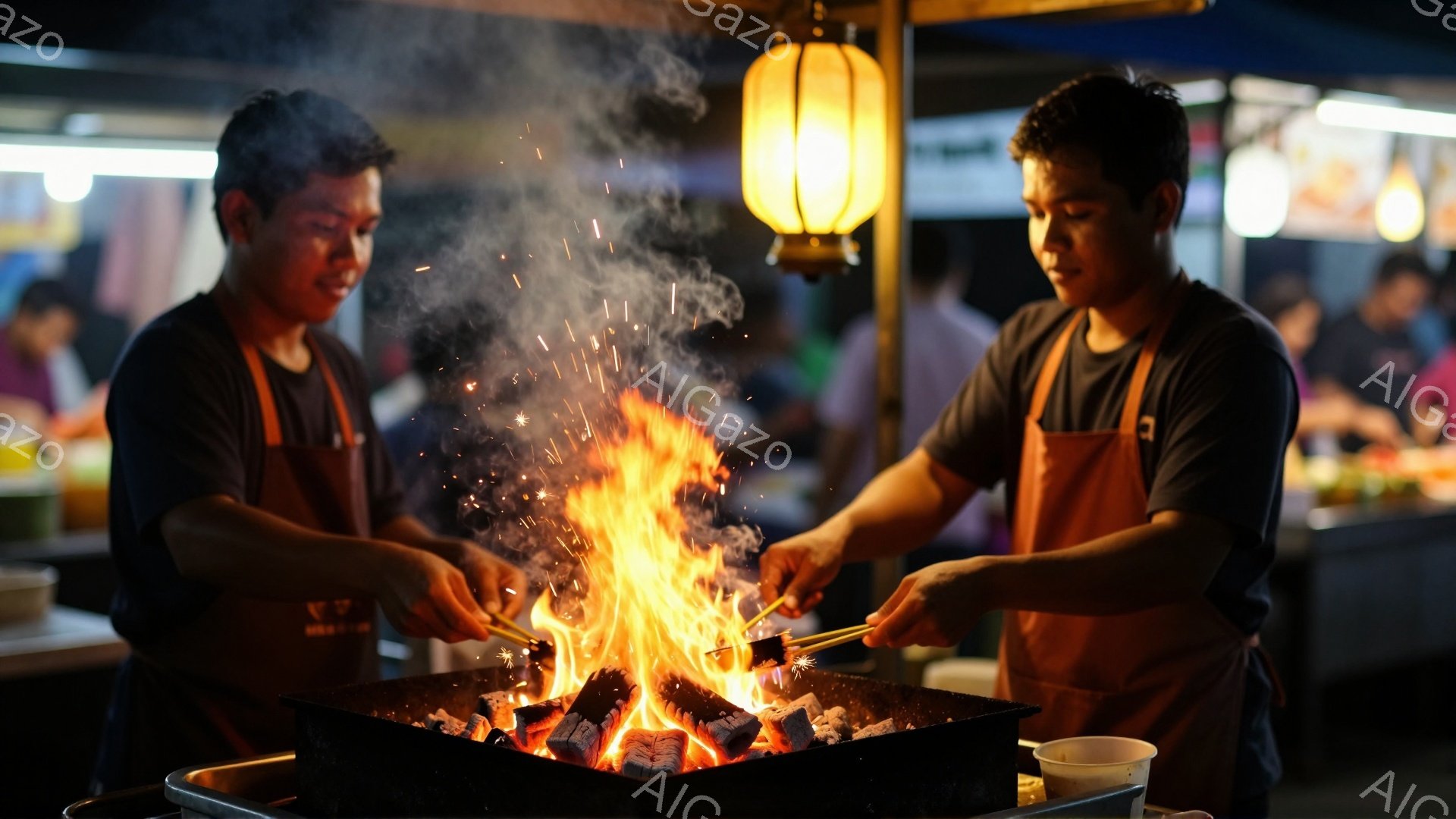 二人の男性が炭火グリルで調理をしている様子が写っている。彼らは黒いTシャツにオレンジ色のエプロンを着用し、真剣な表情で炭に火を起こしている。背景には、ぼやけた人々と屋台らしきものが写り、夜の活気ある市場の雰囲気が感じられる。