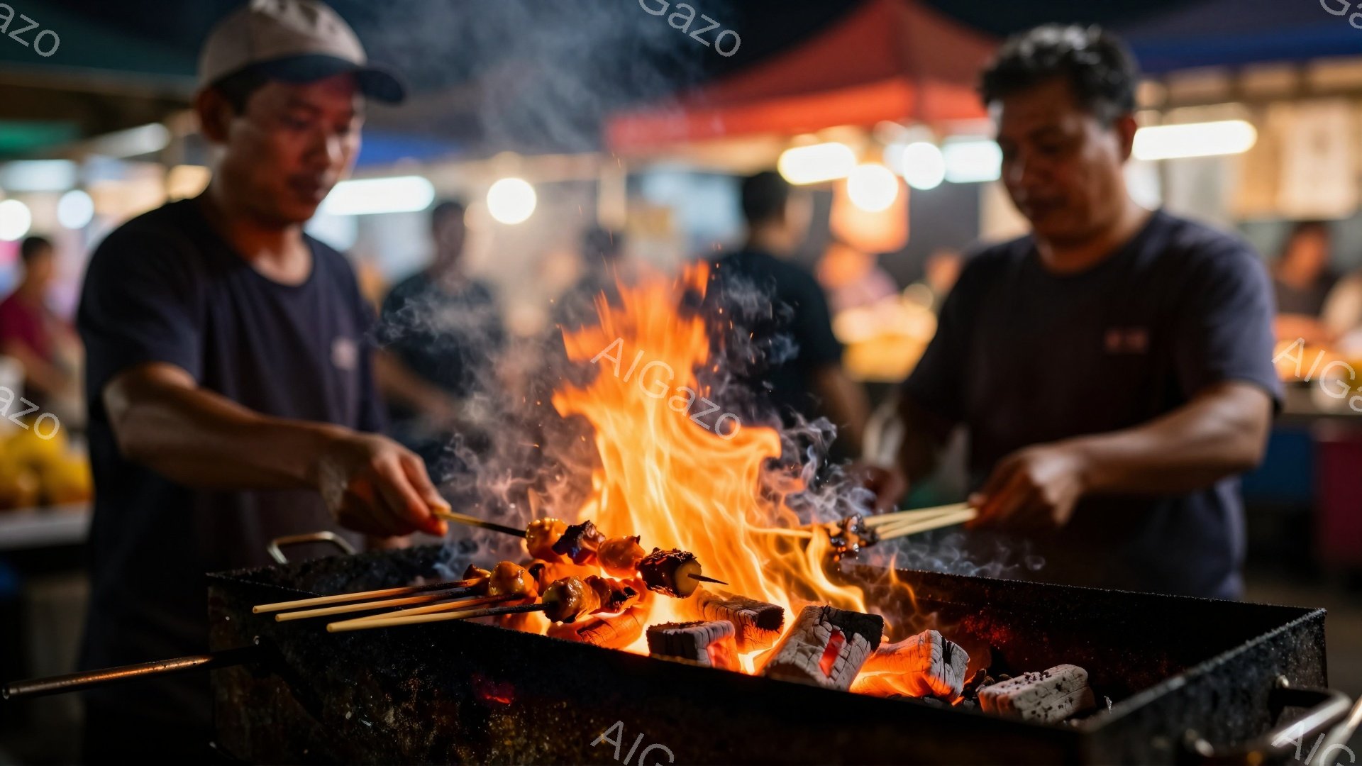 二人の男性が炭火焼きの串焼きを調理している様子が写っている。片方の男性はキャップを被り、もう一人は黒髪で、共に集中した表情で串に火を当てている。背景には、屋台や人々のぼかしが見え、夜の賑やかな市場の雰 - AI生成フリー素材