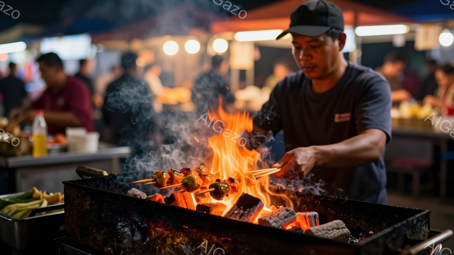 屋台で炭火焼きをする男性が写っている。彼は黒いキャップを被り、濃い青色のTシャツを着ており、真剣な表情で串に刺した肉や野菜を焼いている。背景には他の人々や屋台がぼやけて見え、夜間の賑やかな市場の雰囲気が漂っている。