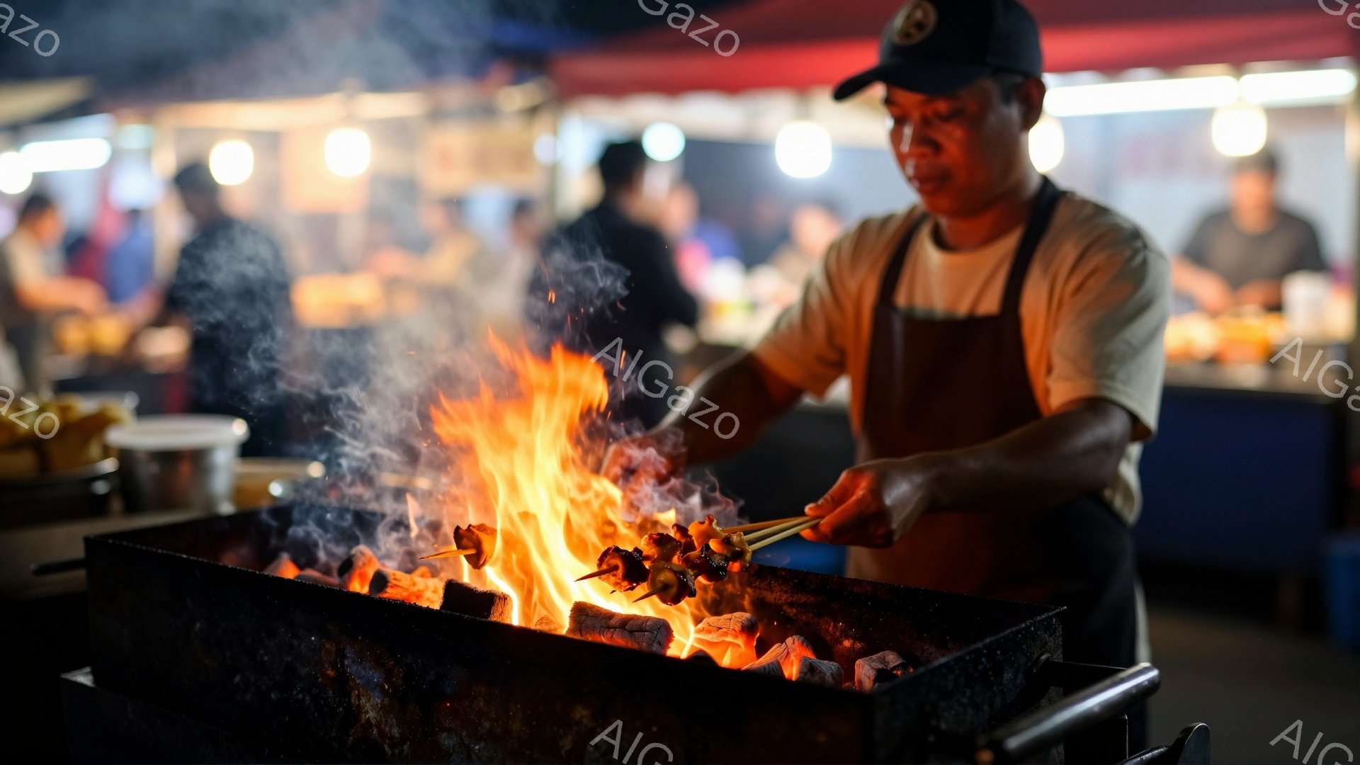 炭火で串焼きを焼く男性が写っている。彼は黒いキャップとエプロンをつけ、真剣な表情で串を炭火にかざしている。背景には屋台が並び、夜の賑やかな市場の様子が伺える。