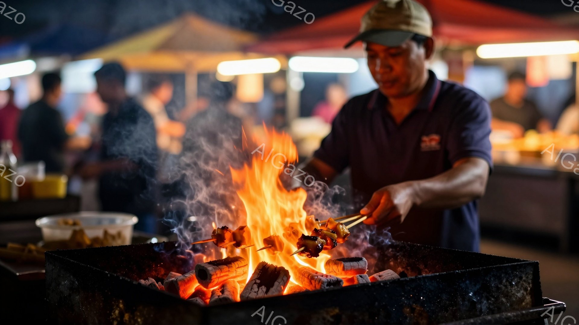 炭火で串焼きをする男性が写っている。彼は紺色のポロシャツと帽子を着用し、真剣な表情で串を焼いている。背景には他の人々や屋台が見え、活気のある夜の市場の雰囲気を感じさせる。