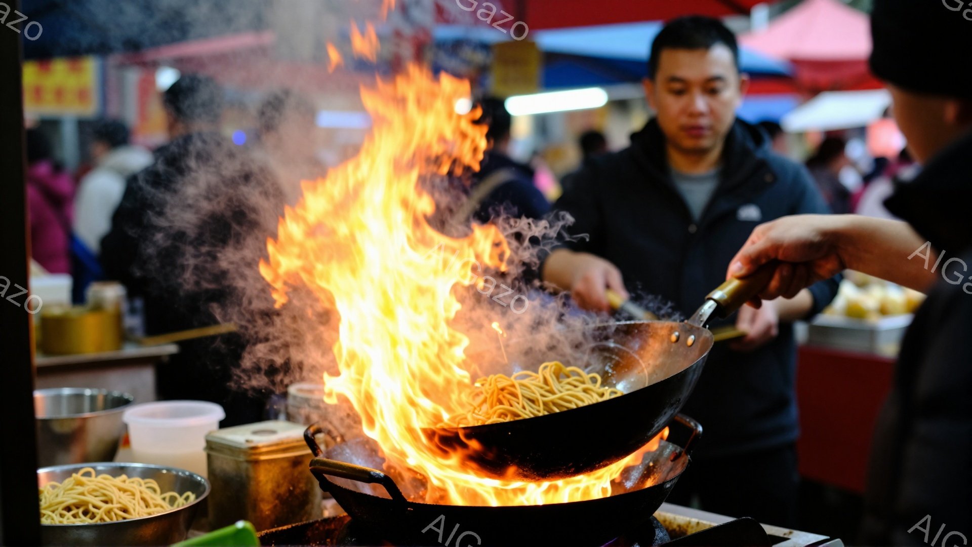 屋台で麺を調理する男性が写っています。彼は黒いジャケットを着ており、短髪で真剣な表情をしています。背景には、様々な食材や人々がぼやけており、活気のある屋台の雰囲気が伝わってきます。