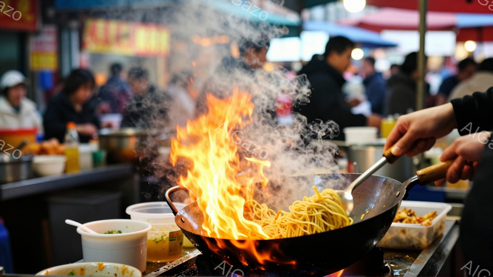 熱い油の中で麺が燃え上がり、強い炎と煙が立ち込めている様子が捉えられています。調理人はフライパンを操り、麺を混ぜている姿が見えます。背景には、人々や屋台がぼんやりと見え、活気のある屋台の雰囲気が伝わってきます。