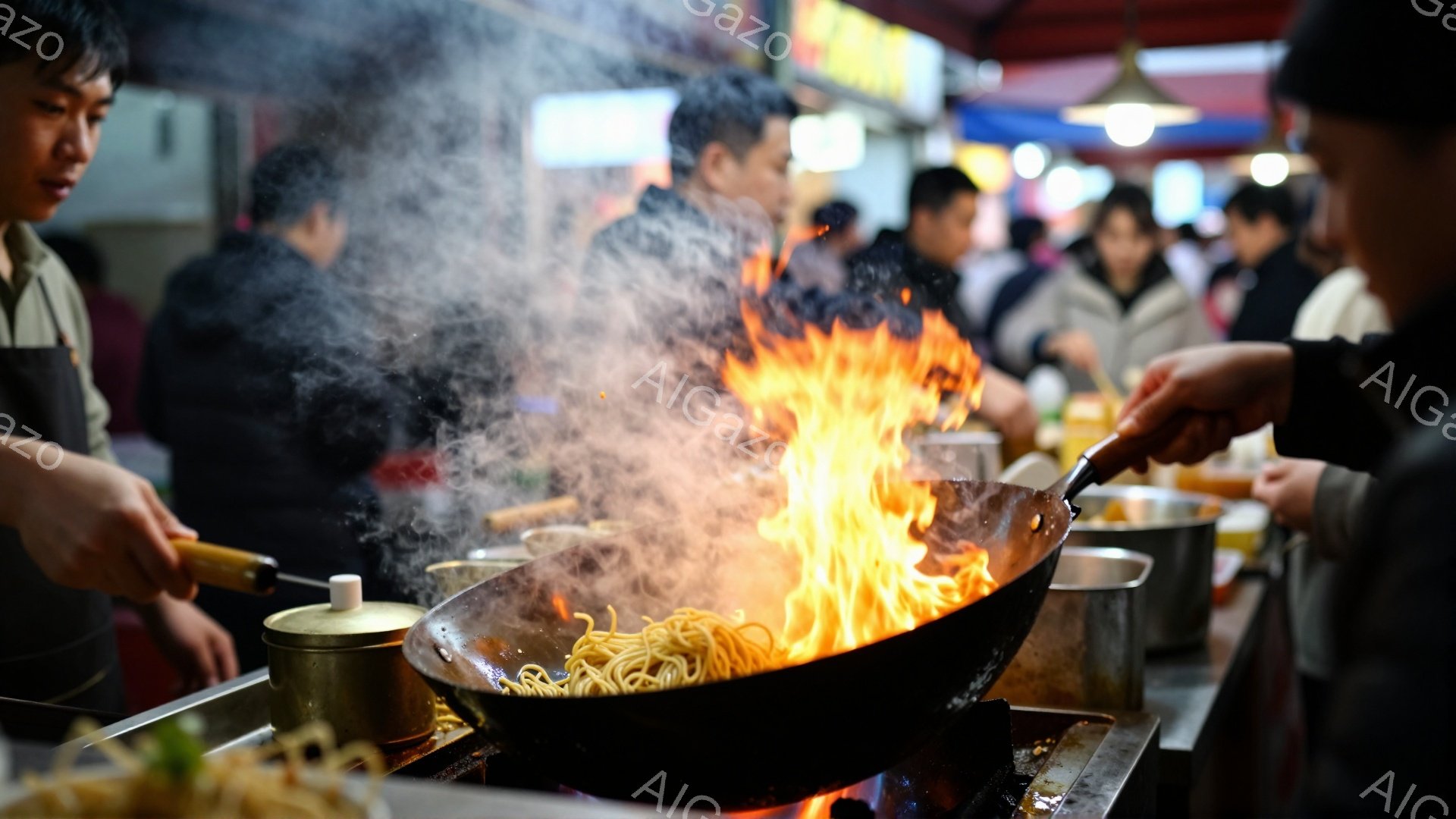 炎が立ち上る大きなフライパンの中で麺が調理されている様子が写っている。調理人は黒いエプロンを着用し、手には調理器具を持ち、麺を炒めている。背景には、多くの人々が立ち並び、活気のある屋台の雰囲気が漂っている。