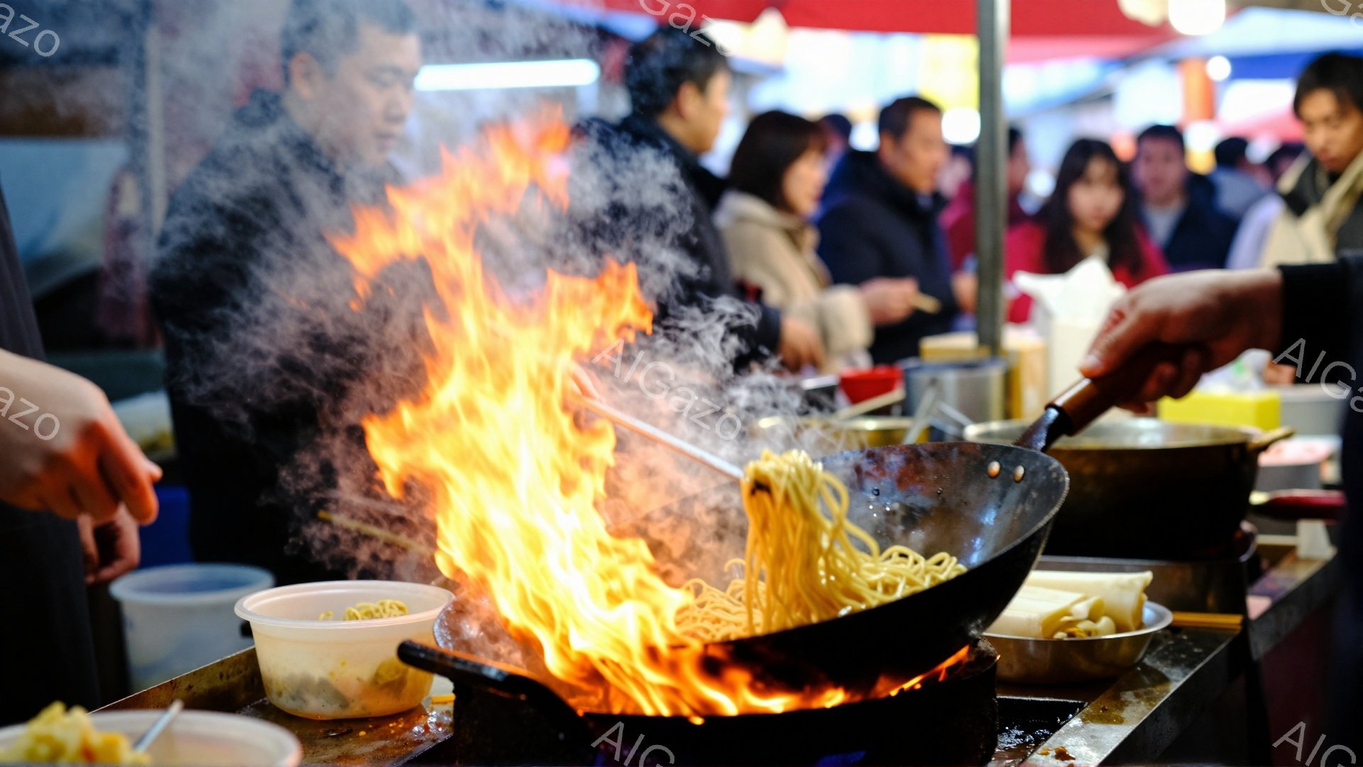路上で麺を調理している様子が写っている。調理者は黒い服を着ており、大きなフライパンの中で麺が炎に包まれている様子が印象的だ。背景には多くの人が集まり、活気のある屋台の雰囲気が感じられる。