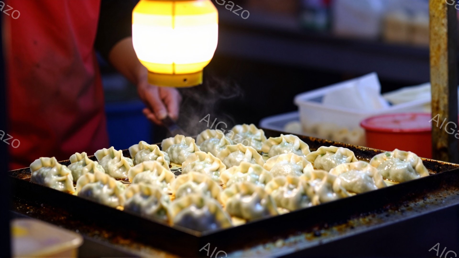 熱い鉄板の上で蒸し暑い餃子が並べられています。背景には赤い服を着た人が見え、温かい光を放つ提灯が餃子を照らしています。屋台の賑やかさを感じさせる、活気のある夜の雰囲気です。
