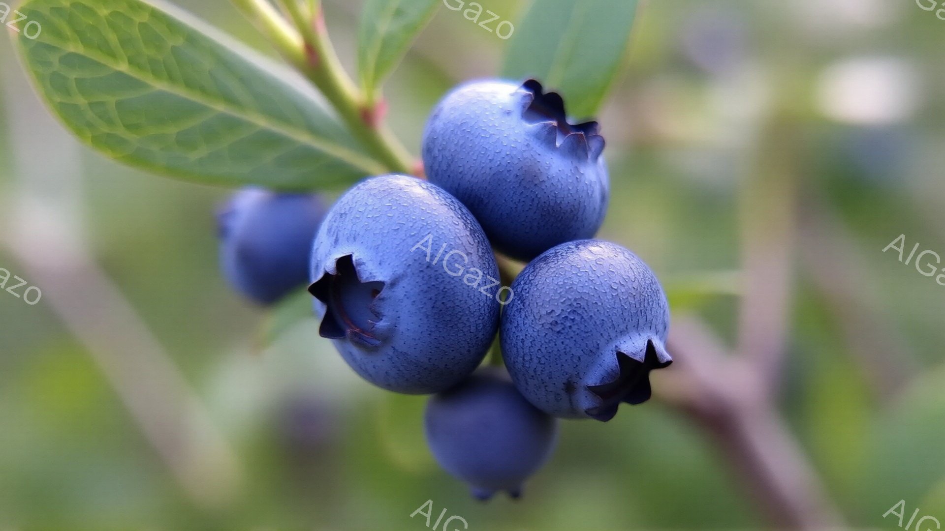 鮮やかな青色のブルーベリーが枝に実っています。葉っぱとのコントラストが美しく、光が当たって表面に細かな凹凸がはっきりと見えます。背景は緑色の葉で覆われており、自然豊かな雰囲気が漂っています。 - AI生成フリー素材