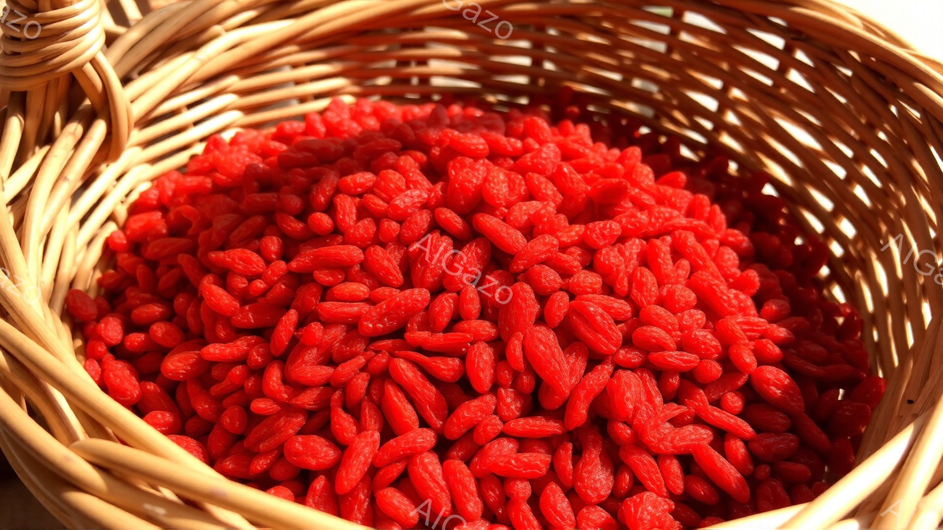 籠の中に乾燥した赤い枸杞の実がぎっしりと詰まっています。籠は明るい茶色で、編み目がはっきりと見えます。全体的に、暖色系の色彩で、健康的なイメージを喚起する自然な雰囲気です。