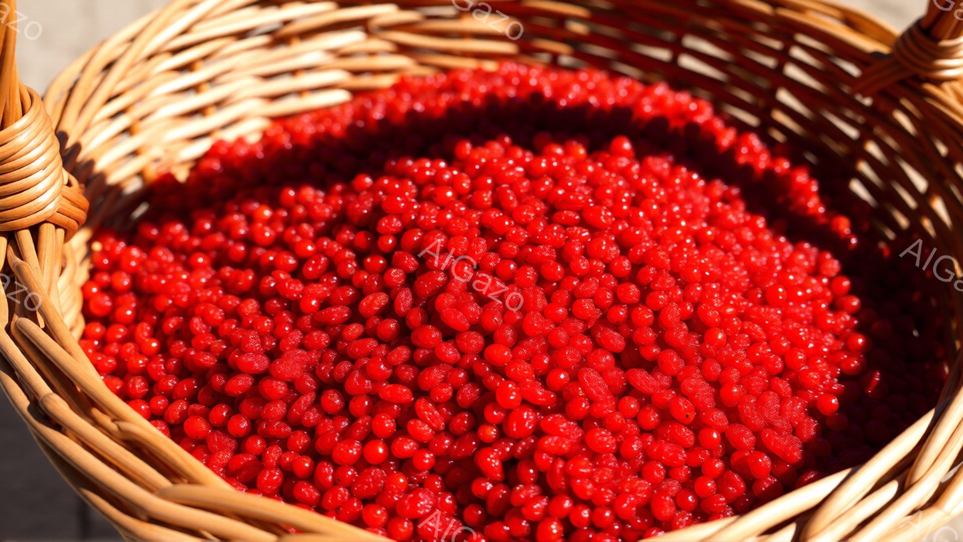 籠の中に真っ赤な小さな実が大量に詰まっています。実たちは丸みを帯びており、光沢があり、鮮やかな赤色が目を引きます。籠は茶色の編み込みで、背景はぼやけており、実の鮮やかさを際立たせています。