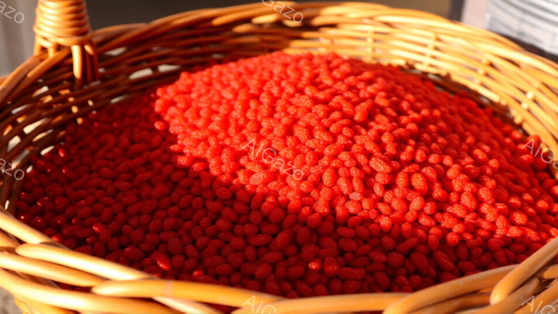 籐編みの籠の中に、小さな赤い実がぎっしりと詰まっています。実の表面には細かい凹凸があり、光沢を帯びています。背景はぼやけており、鮮やかな赤い実が際立って見えます。