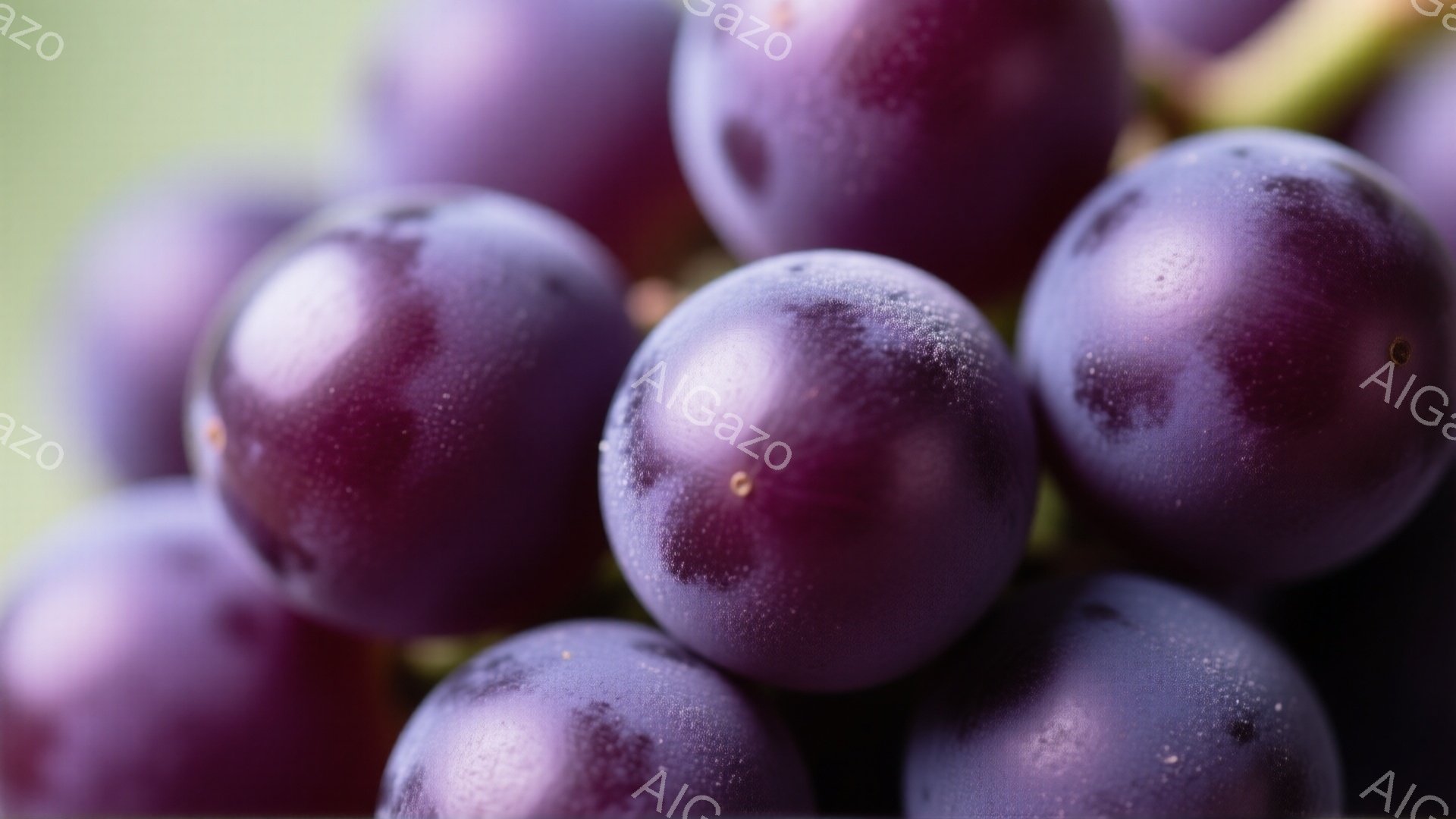 濃い紫色のぶどうが密集して写っており、表面には白い粉のようなものが付着している。背景はぼやけた緑色で、自然光が柔らかく当たり、ぶどうの瑞々しさを際立たせている。全体的に、豊穣さと秋の訪れを感じさせる、 - AI生成フリー素材