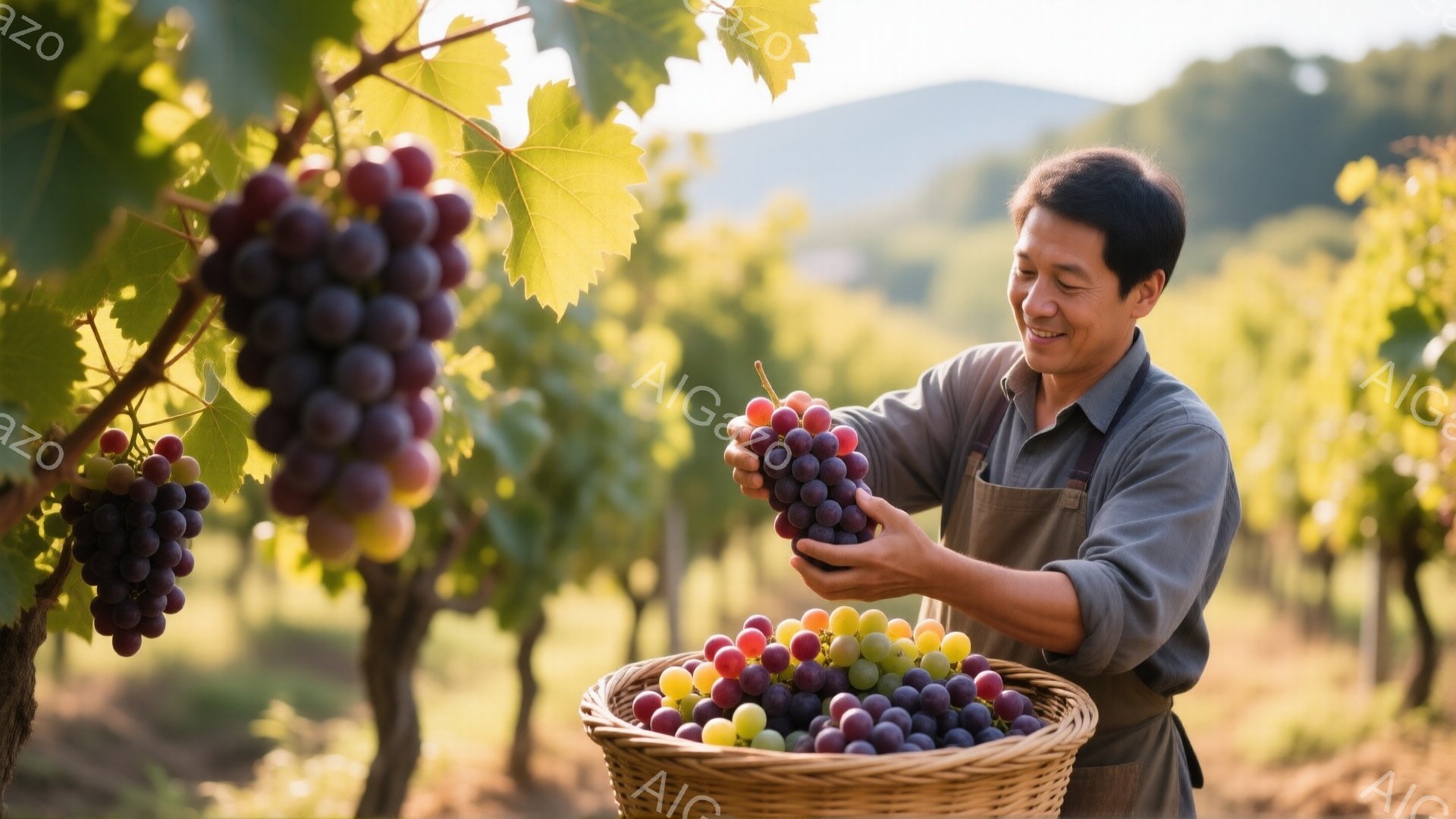 葡萄畑で男性が収穫作業をしている様子が写っている。彼はカーキ色のシャツとエプロン姿で、笑顔を見せながら両手に収穫したばかりのぶどうを持っている。背景には緑豊かなブドウの木々と、ぼんやりとした山並みが広がり、穏やかで暖かい雰囲気が漂っている。