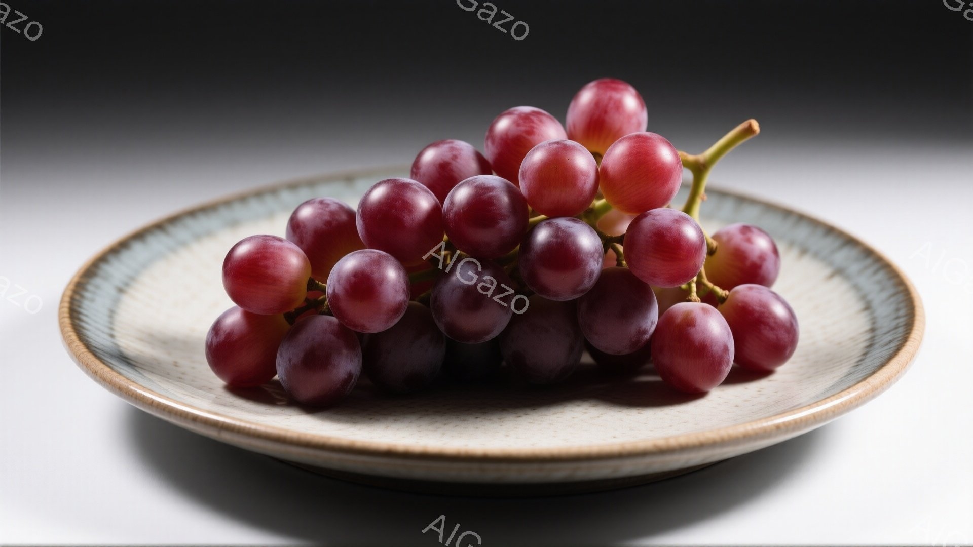 鮮やかな紫色のぶどうの房が、クリーム色と青みがかったグレーの陶器皿の上に置かれています。ぶどうは丸く、みずみずしく、自然光の下で光沢があり、皿とのコントラストが際立っています。背景は白く、ぶどうと皿が際立っており、全体的にシンプルで自然な雰囲気です。