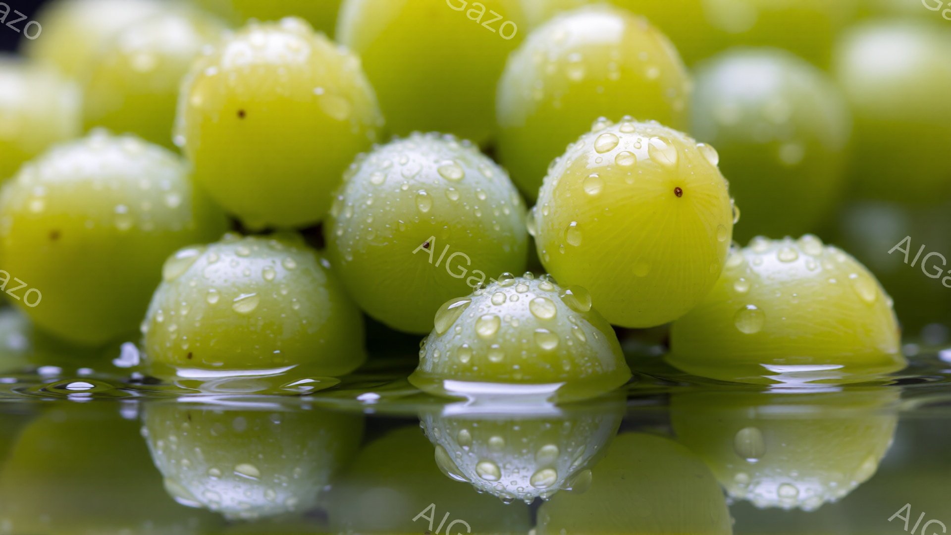 鮮やかな緑色のブドウが密集して写っており、表面には水滴が光っています。ブドウは光沢のある表面を持ち、水面に反射して全体的に爽やかな印象を与えます。背景は暗く、ブドウの緑色が際立っています。