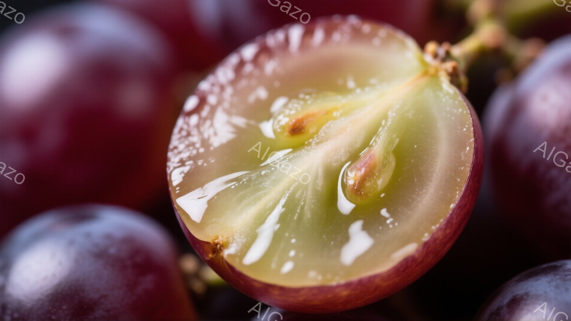 鮮やかな赤紫色のブドウがいくつか写っており、そのうちの一つが半分にカットされて中身が見えている。カットされたブドウの中身は淡い緑色で、瑞々しい果汁が輝き、種がはっきりと確認できる。背景は暗く、ブドウの鮮やかな色が際立っており、全体的にみずみずしく、食欲をそそる雰囲気である。