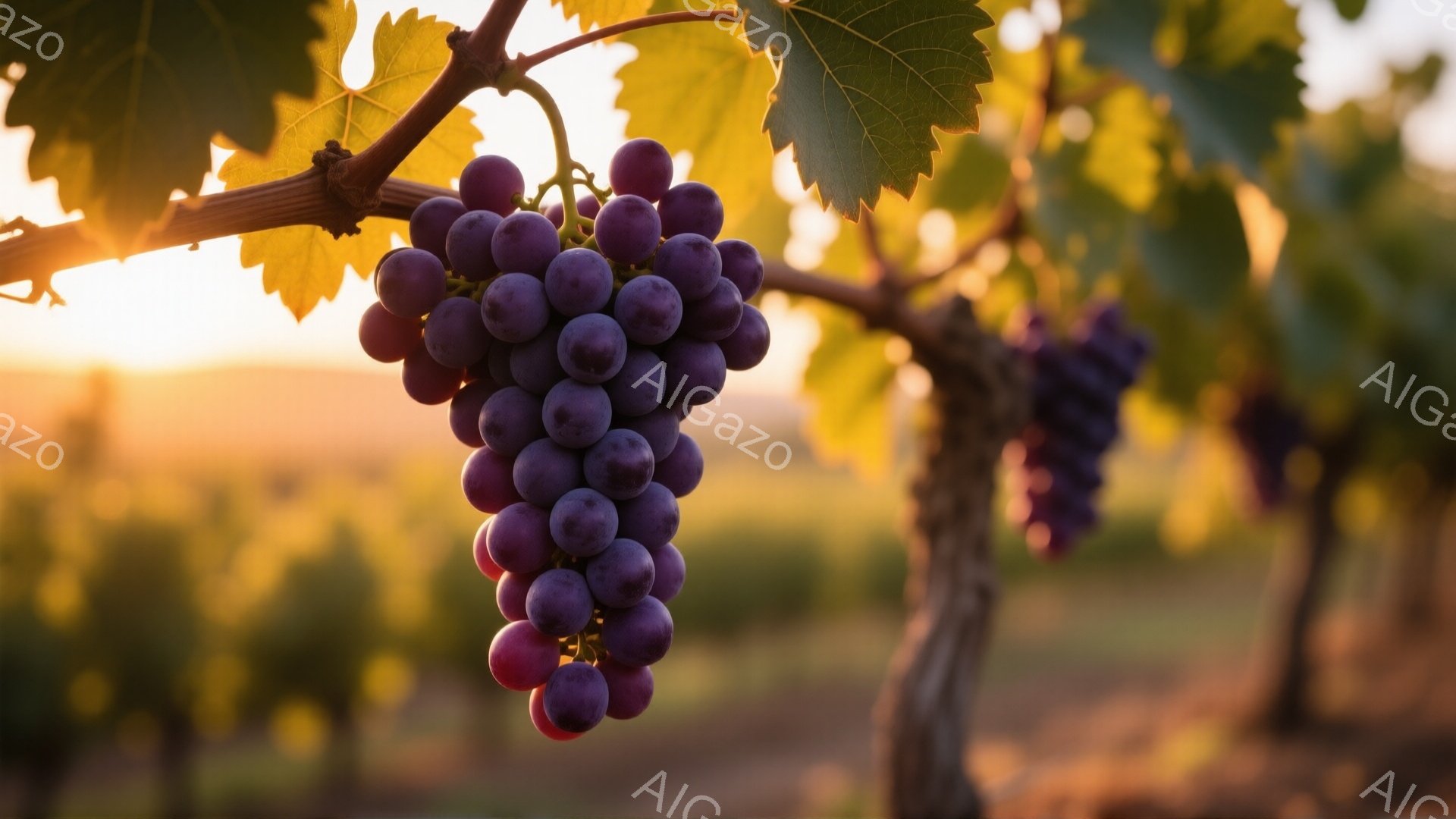 ぶどうの房が枝に実り、夕日に照らされています。葉は緑色で、背景にはぼやけた畑と空が広がっており、温かく穏やかな雰囲気を醸し出しています。鮮やかな紫色のぶどうと柔らかな光が、秋の収穫の喜びを感じさせます - AI生成フリー素材