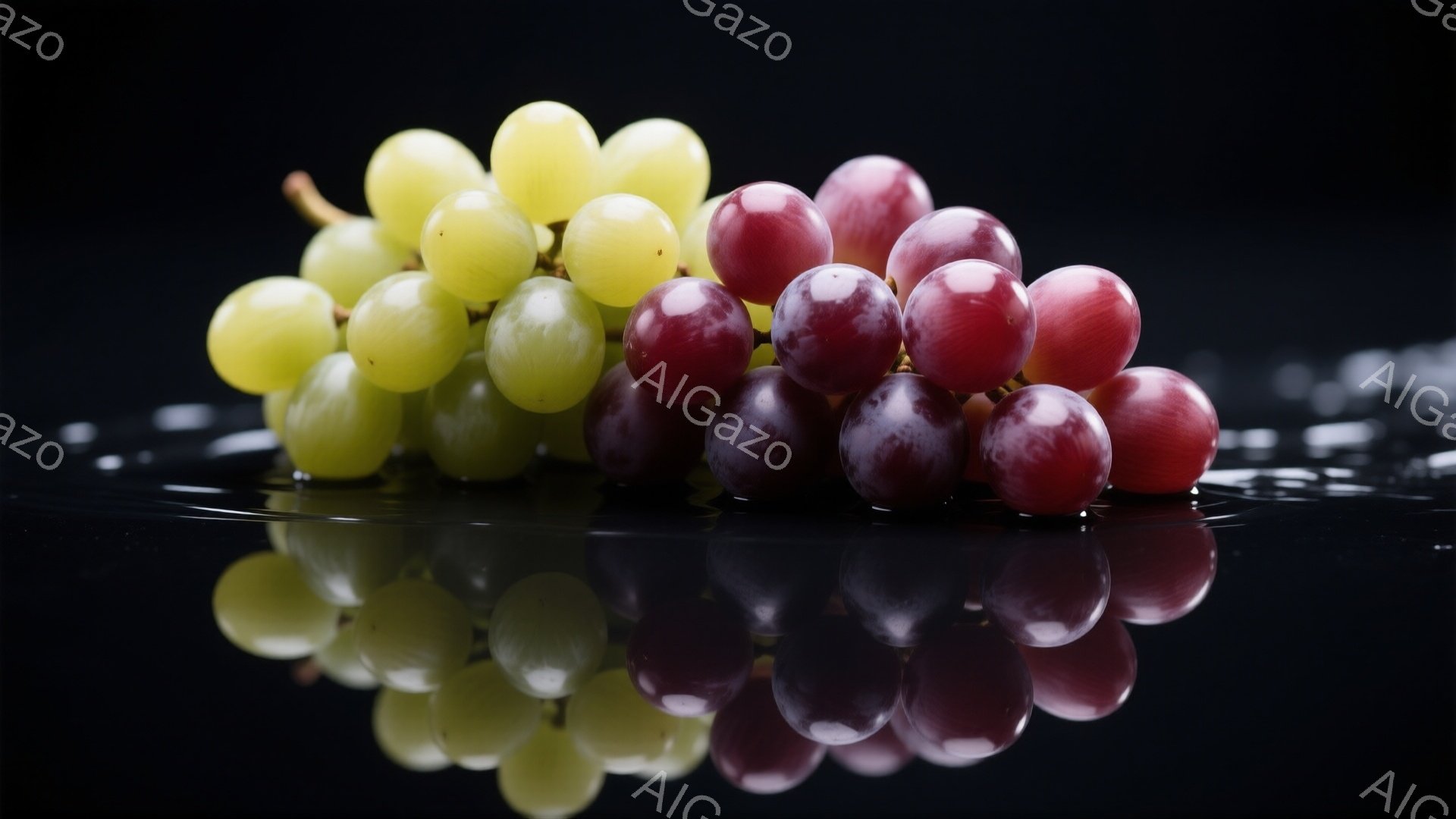 鮮やかな緑色のぶどうと濃い赤色のぶどうが、黒い反射面に並んで写っています。ぶどうは瑞々しく、表面には水滴が光り、まるで雫が滴り落ちそうな様子です。背景は真っ黒で、ぶどうのコントラストが際立ち、洗練された印象を与えます。