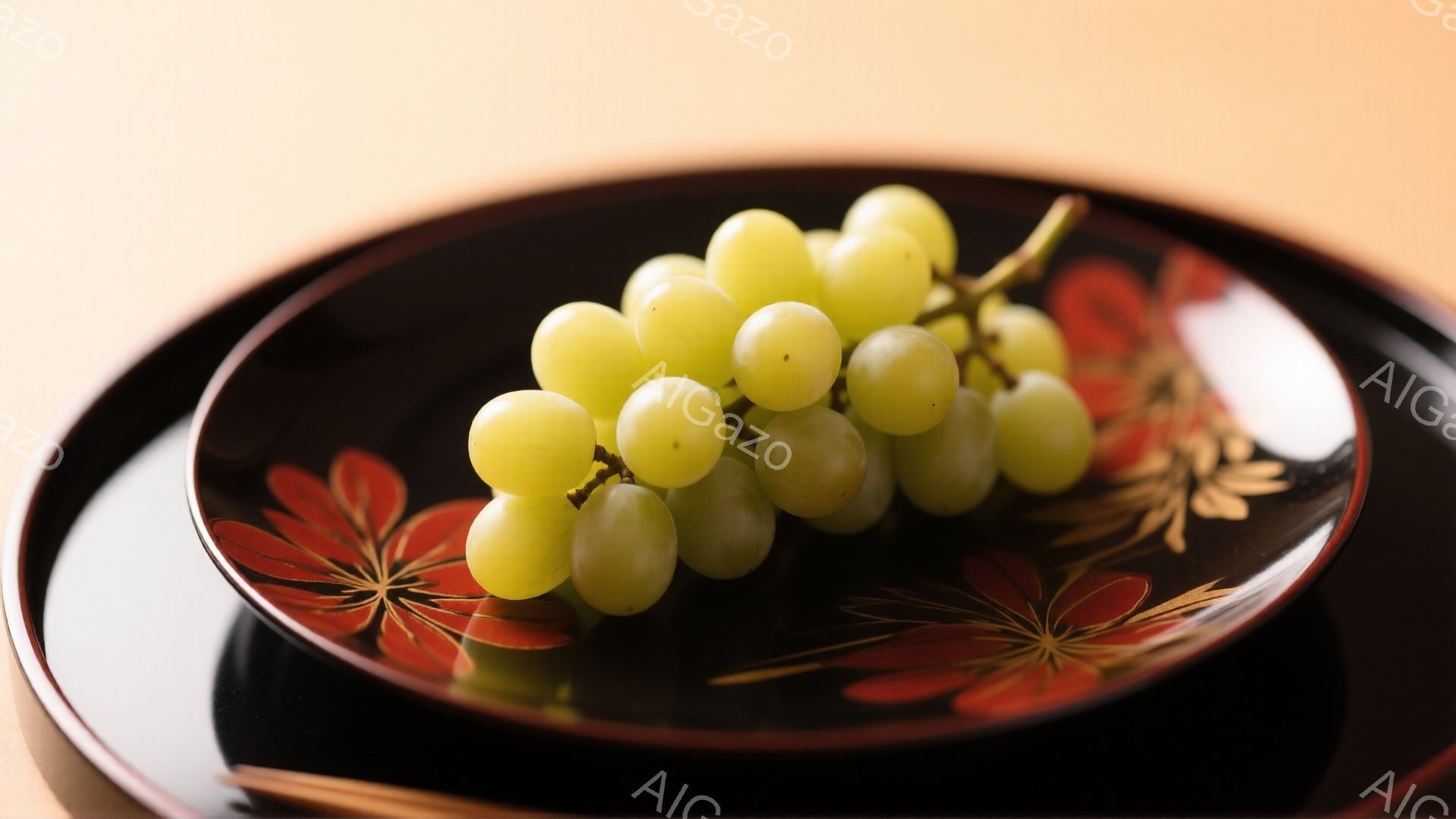 鮮やかな緑色のぶどうが、黒漆塗りの美しいお皿に盛り付けられています。お皿には、赤と金色の華やかな花柄が描かれており、背景はぼかして控えめな色合いで、ぶどうを引き立てています。全体的に上品で洗練された雰囲気で、和の趣を感じさせる静謐な情景です。