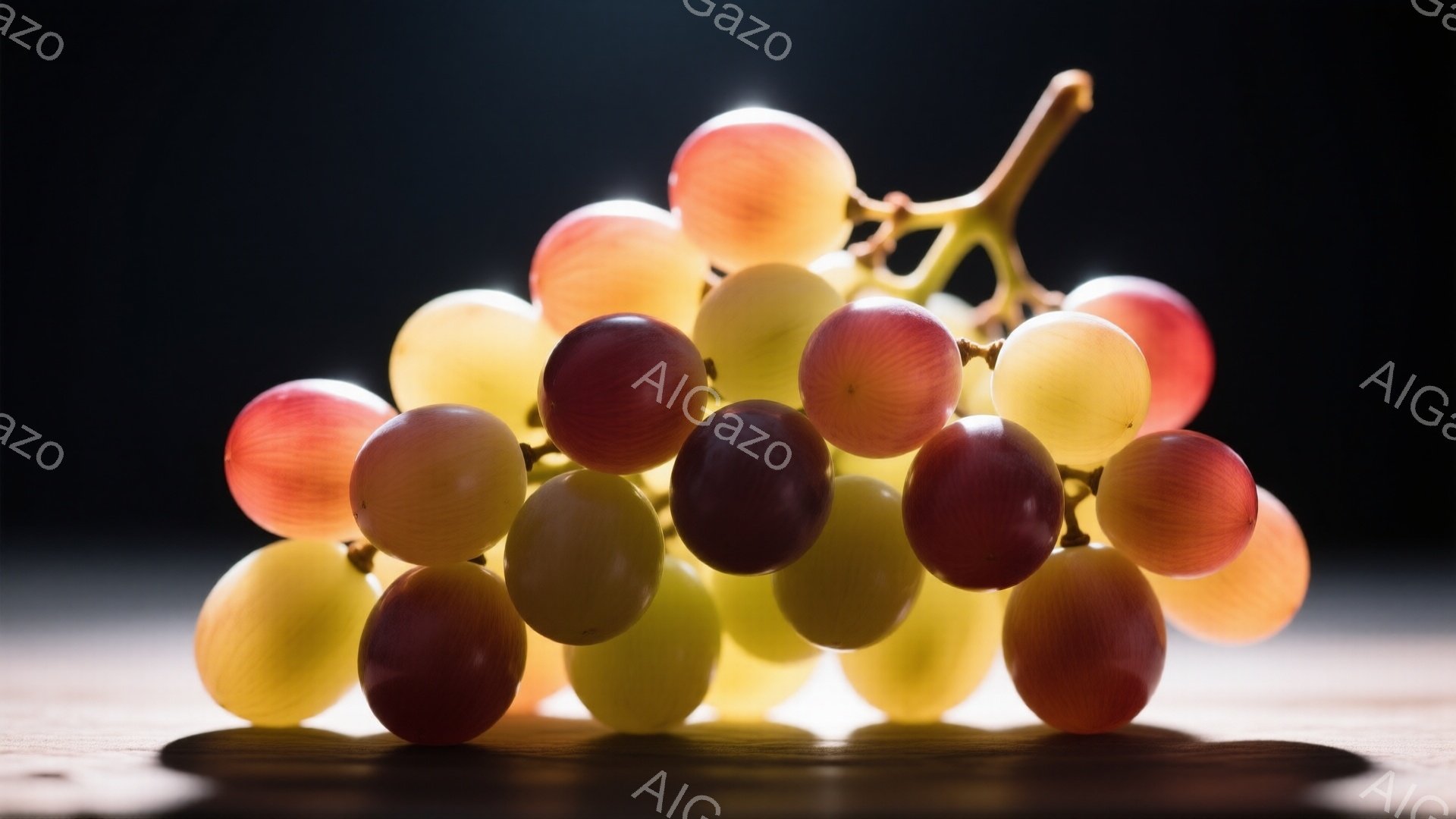 鮮やかな赤と黄色のブドウが、木製のテーブルの上に積み重なっている。光がブドウの表面を照らし、それぞれの粒が丸みを帯びて美しい質感を際立たせている。暗い背景がブドウの色合いをさらに強調し、全体的に落ち着いた雰囲気を作り出している。