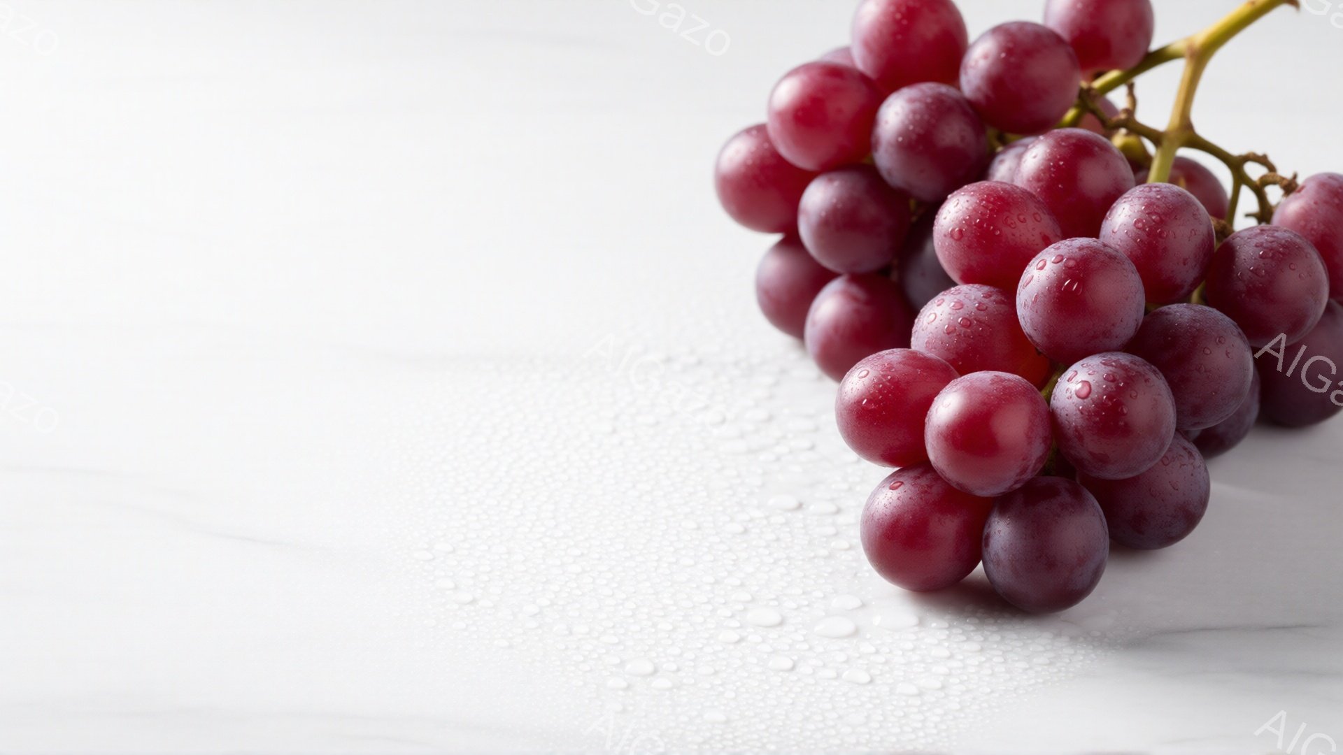 鮮やかな赤紫色のぶどうの房が、白い大理石のような背景に置かれています。ぶどうの表面には水滴がつき、みずみずしさを強調しています。背景には水滴が散らばり、全体的に清潔で爽やかな印象を与えます。