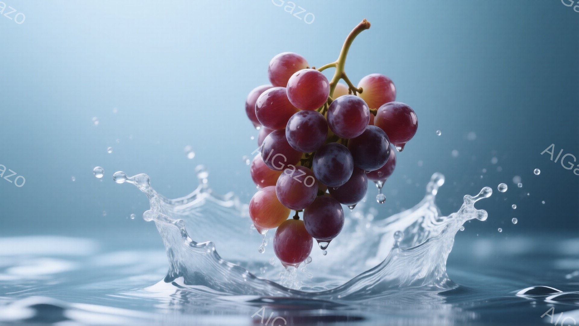 鮮やかな紫色のぶどうの房が、水しぶきを上げて水面に飛び込んでいる瞬間が捉えられています。水面は波紋で覆われ、光が反射してキラキラと輝いています。背景はぼやけた青色で、ぶどうの鮮やかさを際立たせています - AI生成フリー素材