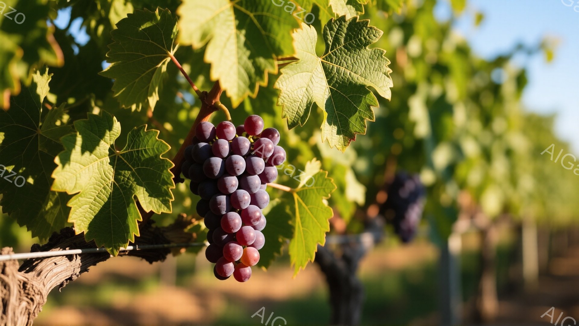 鮮やかな緑の葉に紫色のぶどうの房がたわわに実っている様子が捉えられています。背景には、他のぶどうの木々と、ぼんやりと人影が見え、ワイン畑の風景が広がっています。日差しが暖かく、豊穣な秋の雰囲気が感じら - AI生成フリー素材