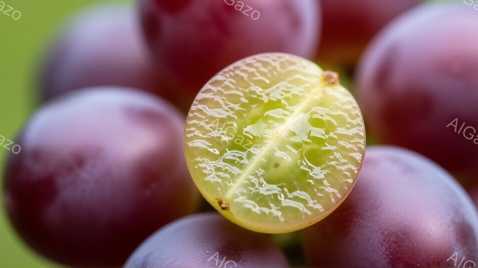 鮮やかな緑色の背景に、紫色のブドウがいくつか重なり合って写っています。特に目立つのは、半分に切断された白いブドウで、内部の果肉の質感が詳細に捉えられています。全体的に、果物の新鮮さと自然の美しさを強調 - AI生成フリー素材