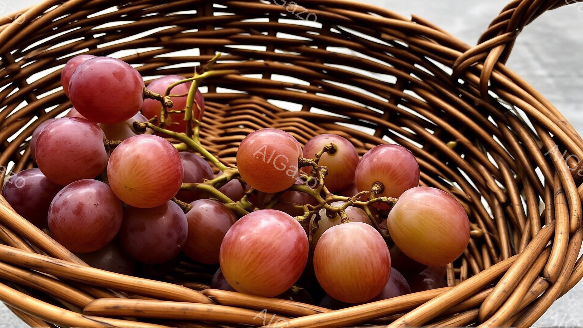 籠の中に、赤紫色をしたブドウがたっぷり入っています。ブドウは丸々としていて、瑞々しく、光沢があり、美味しそうです。背景はぼやけていますが、光沢のある茶色の籠がブドウの色を引き立てています。 - AI生成フリー素材