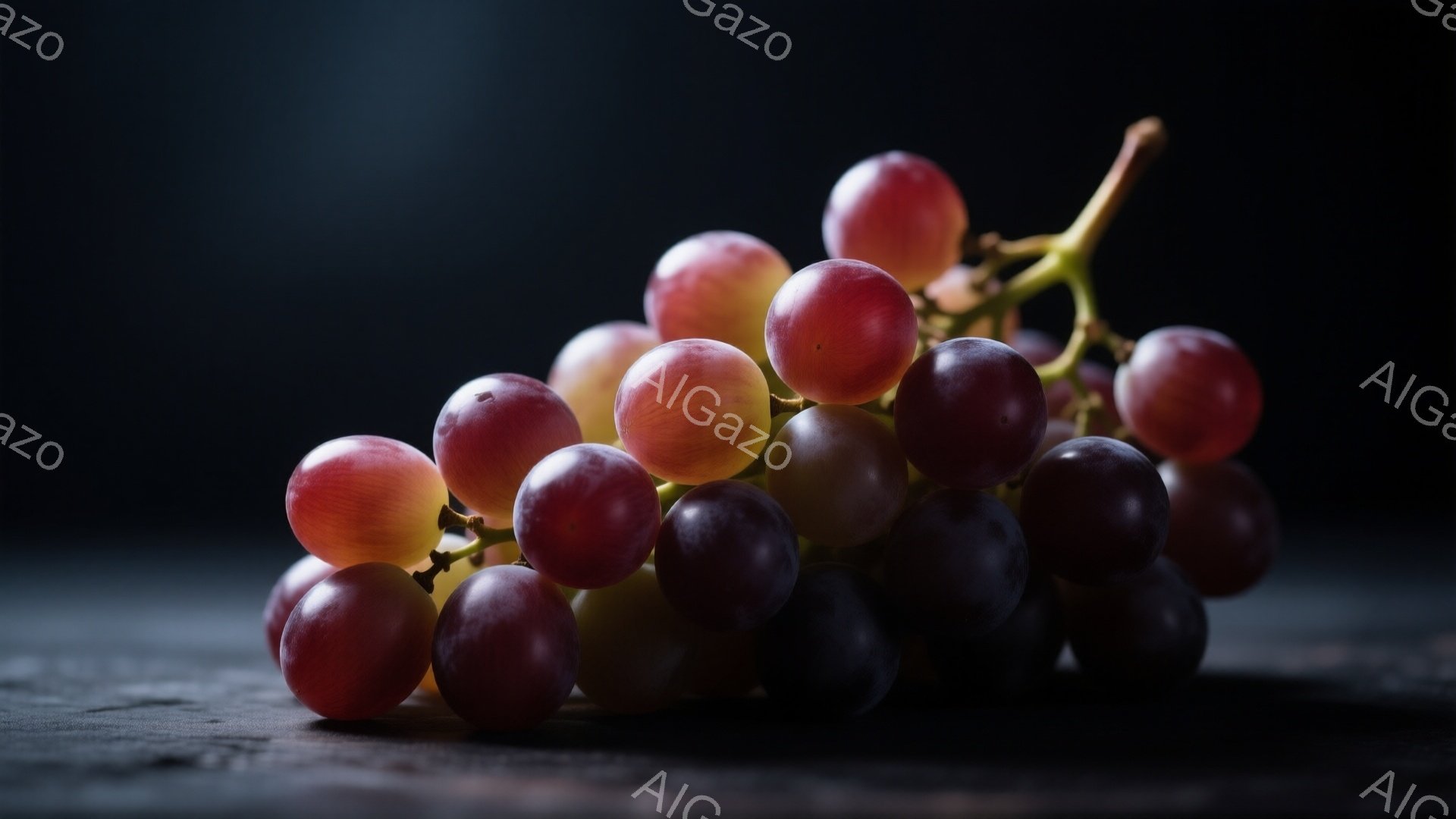 濃い紫と赤色のぶどうの房が、粗い木製の表面に置かれています。光が当たっている部分では果実が輝き、影の部分では深みのある色が強調されています。全体的に落ち着いた雰囲気で、静物画のような印象を与えます。 - AI生成フリー素材