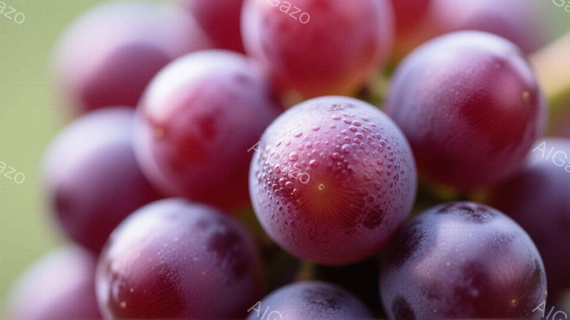 濃い紫色のブドウが密集して写っており、表面には水滴が付いているため、新鮮でみずみずしい印象を与える。背景はぼかされており、緑色の淡い色合いが、ブドウの紫色の濃さを引き立てている。全体として、自然の恵みを感じさせる、静かで落ち着いた雰囲気である。