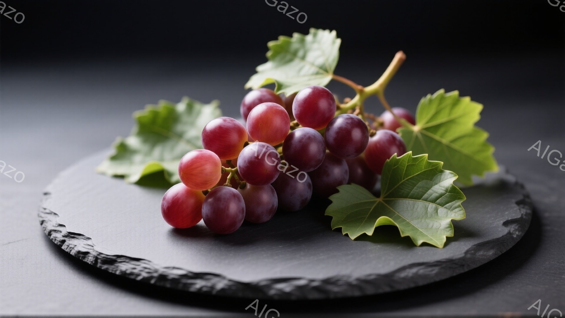 濃いグレーの石板の上に、赤紫色のブドウの房が置かれています。ブドウの葉は緑色で、房の周りを飾り、新鮮さと自然な雰囲気を醸し出しています。全体的に暗い背景とのコントラストが、ブドウの鮮やかさを際立たせています。