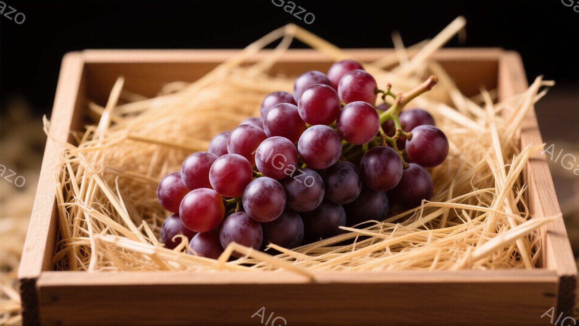 濃い紫色のぶどうの房が、木製の箱の中に藁と共に入っています。箱は四角形で、自然な木の質感が見られます。背景は暗く、ぶどうの色と藁の黄色が際立っており、素朴で温かい雰囲気を醸し出しています。