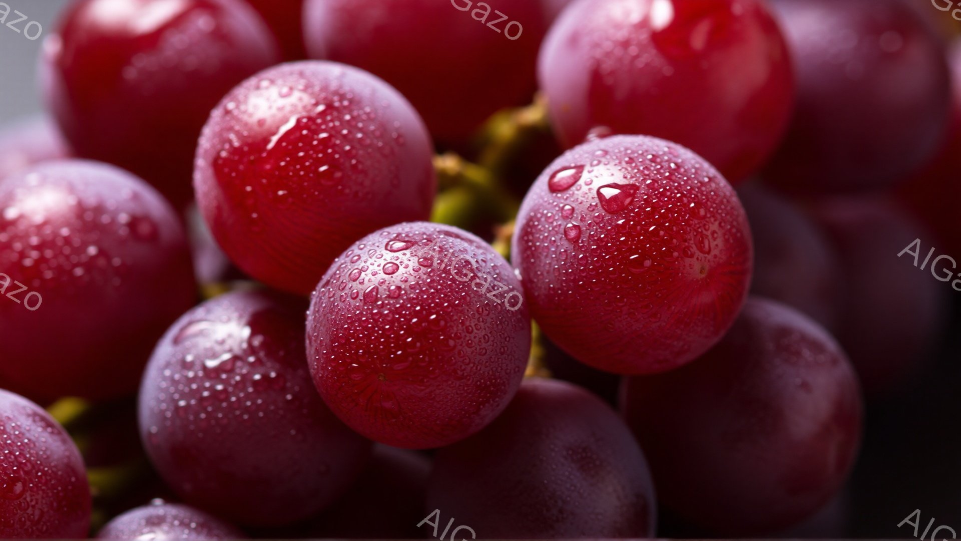 深い赤紫色のぶどうが密集して写っており、表面には水滴が光っています。背景は暗く、ぶどうの鮮やかな色が際立っています。全体的に、みずみずしく、食欲をそそる雰囲気です。 - AI生成フリー素材