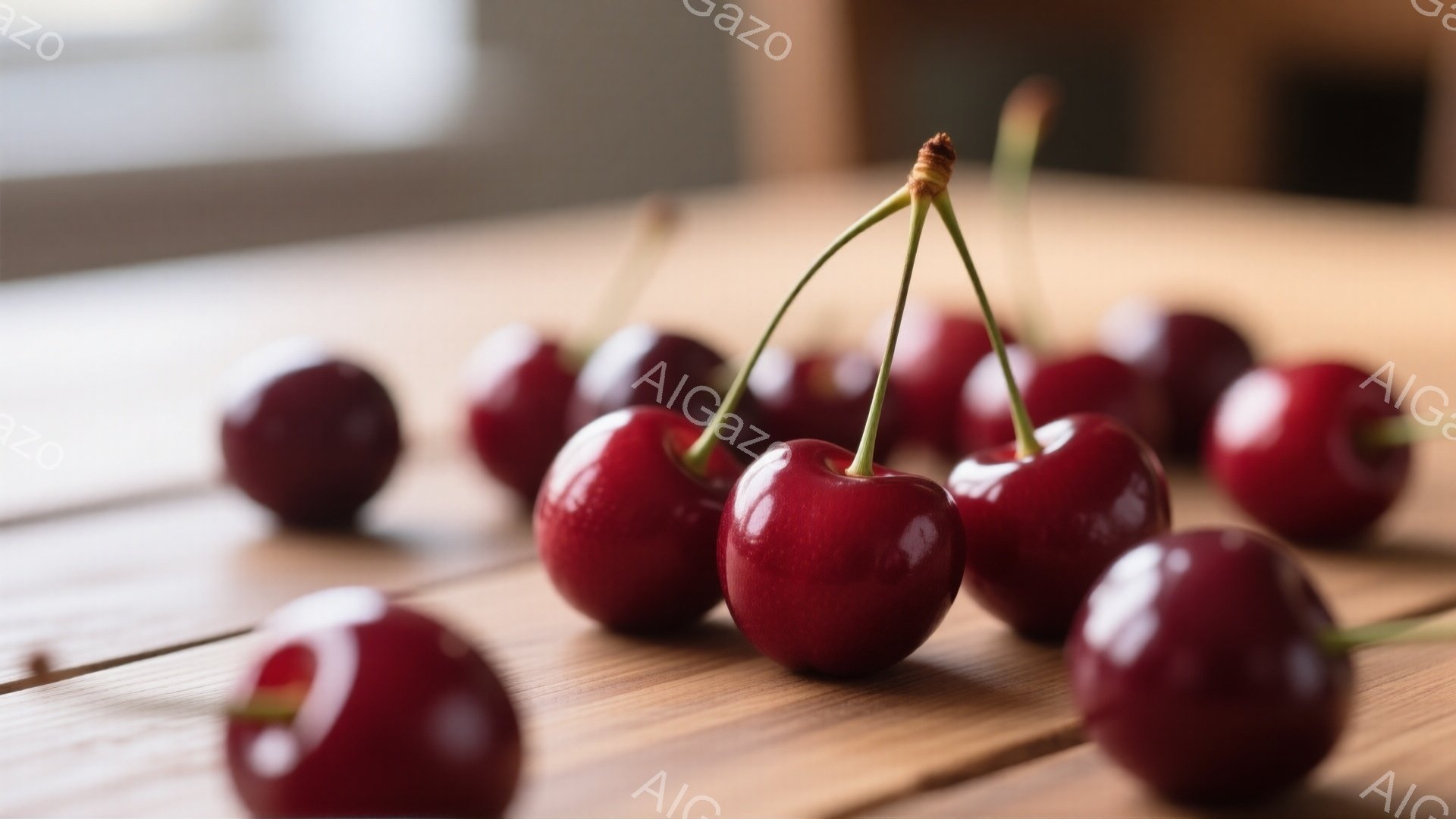 鮮やかな赤色のサクランボが、木製のテーブルの上に散らばっている様子が写っています。光沢があり、みずみずしい果実が、自然な温かさを感じさせる背景と調和しています。全体的に、シンプルながらも食欲をそそる、落ち着いた雰囲気の写真です。
