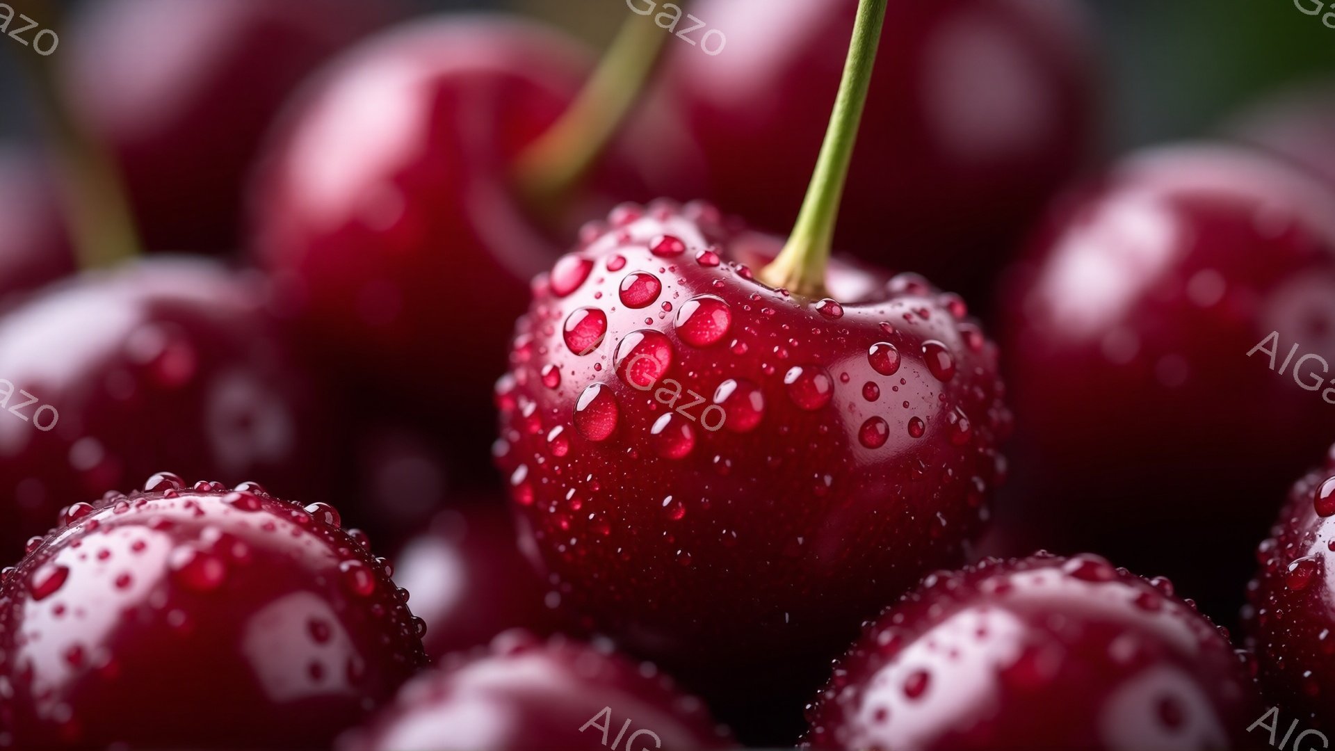 鮮やかな赤いサクランボが濡れて、水滴が表面を覆っています。果実は密集しており、背景がぼやけているため、サクランボが写真の中心に視線を集めています。全体的に、ジューシーで新鮮な印象を与えるクローズアップ - AI生成フリー素材