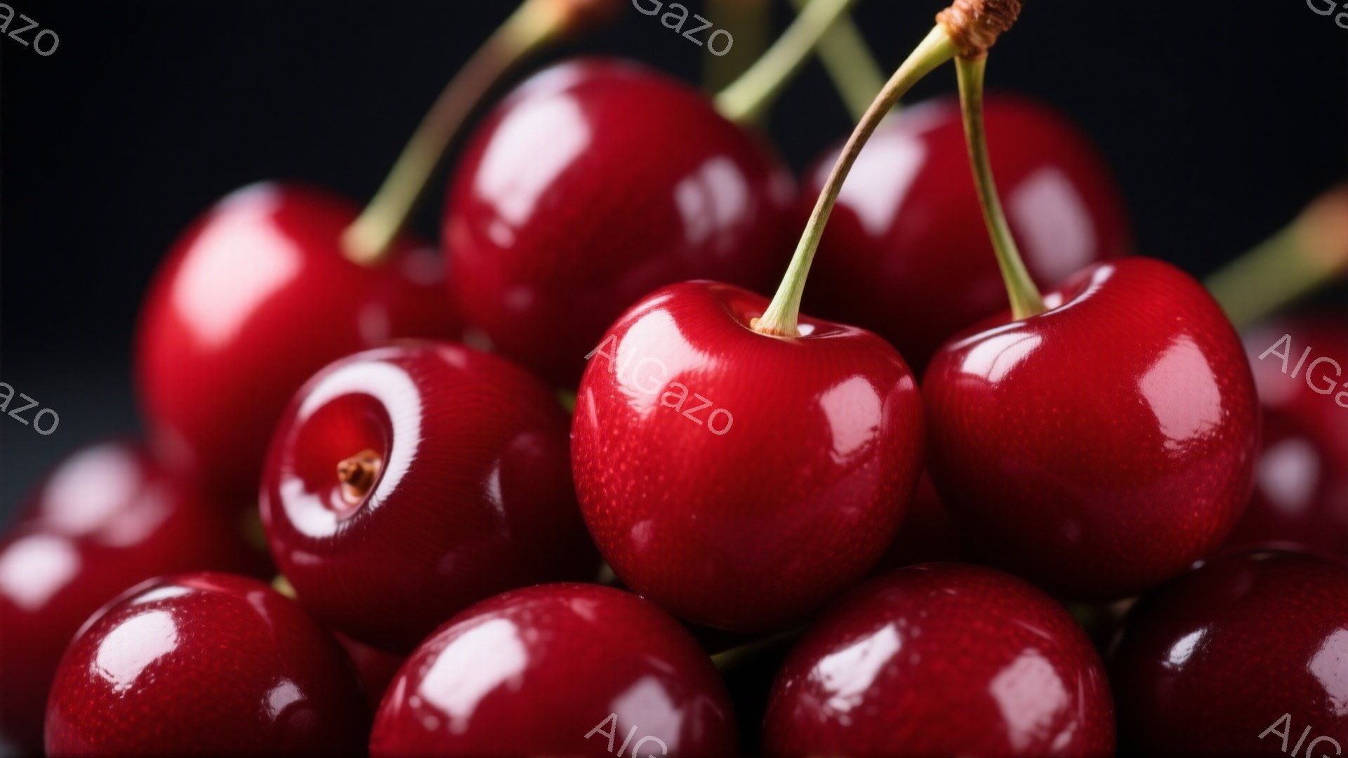 深い赤色のチェリーが密集して写っており、つややかな表面が光を反射している。いくつかのチェリーには茎がついており、豊かな赤色が食欲をそそる。背景は暗く、チェリーの鮮やかな色が際立って見える。 - AI生成フリー素材
