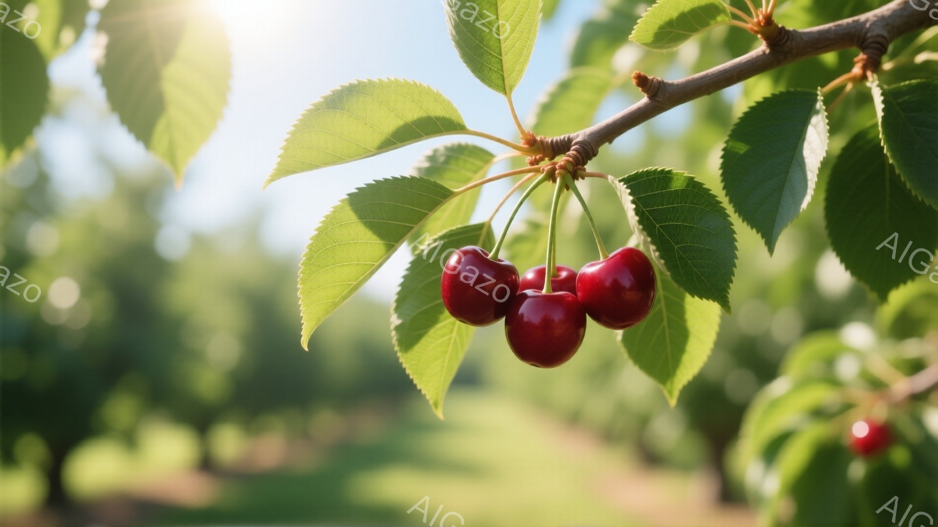 鮮やかな赤いさくらんぼが枝に実り、緑色の葉に囲まれています。背景にはぼやけた緑の木々と明るい空が広がり、穏やかで自然な雰囲気を醸し出しています。光が差し込み、さくらんぼの表面が輝き、収穫の時期を予感させます。
