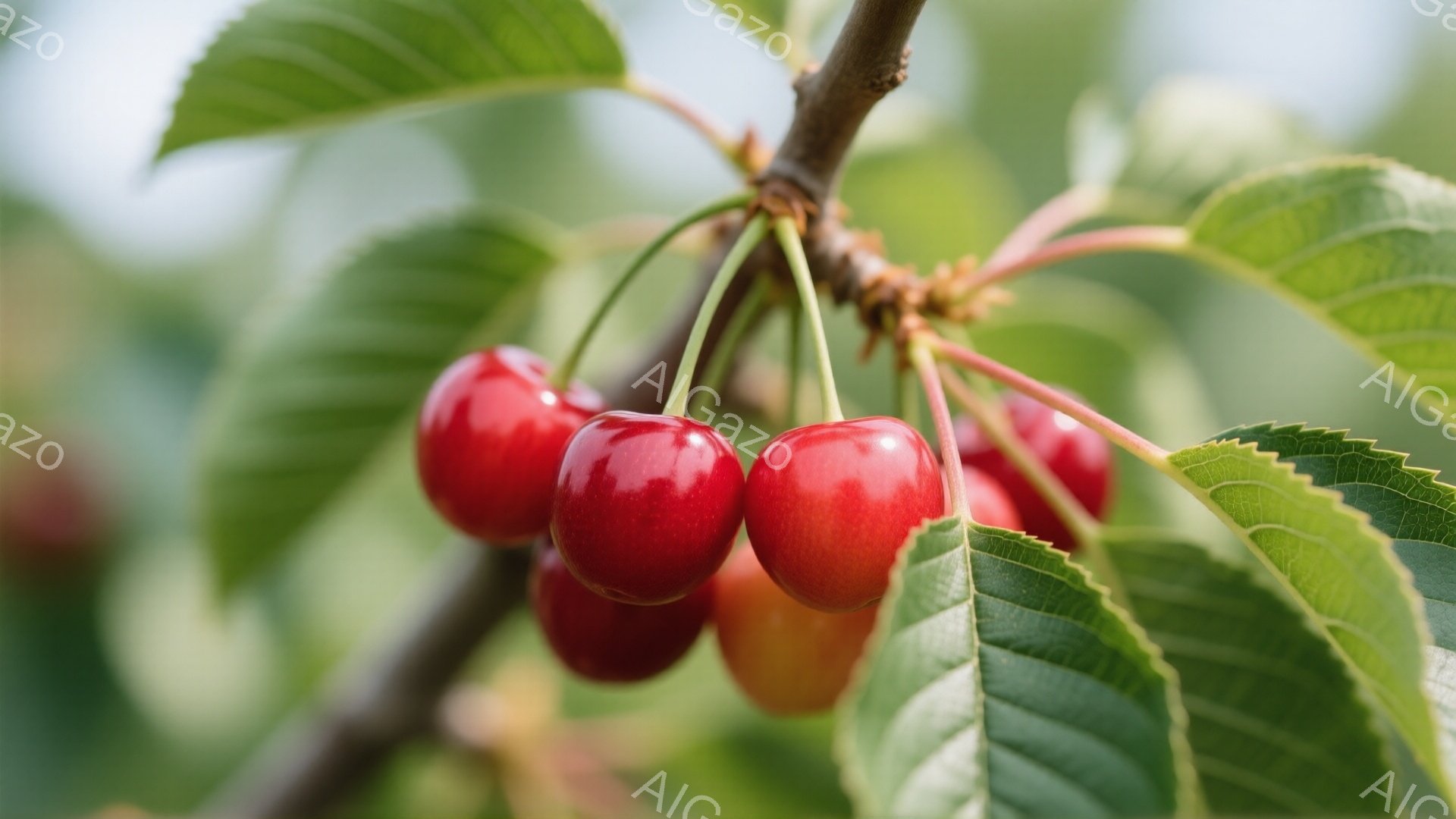 赤く熟したさくらんぼが枝に実っている様子が写っている。鮮やかな赤い色は、甘くてジューシーな果実を連想させ、緑色の葉とのコントラストが美しい。背景はぼかされており、さくらんぼが際立って見える。