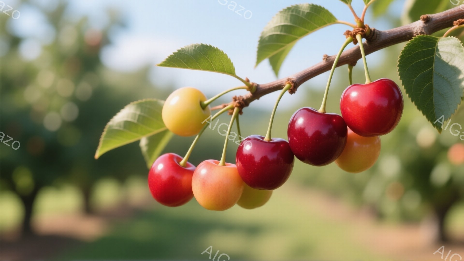 鮮やかな赤いチェリーが枝に実り、その周りには緑の葉が茂っている。背景はぼやけており、果樹園のような緑豊かな風景が広がっている。太陽光が暖かく、穏やかな夏の日の雰囲気を醸し出している。