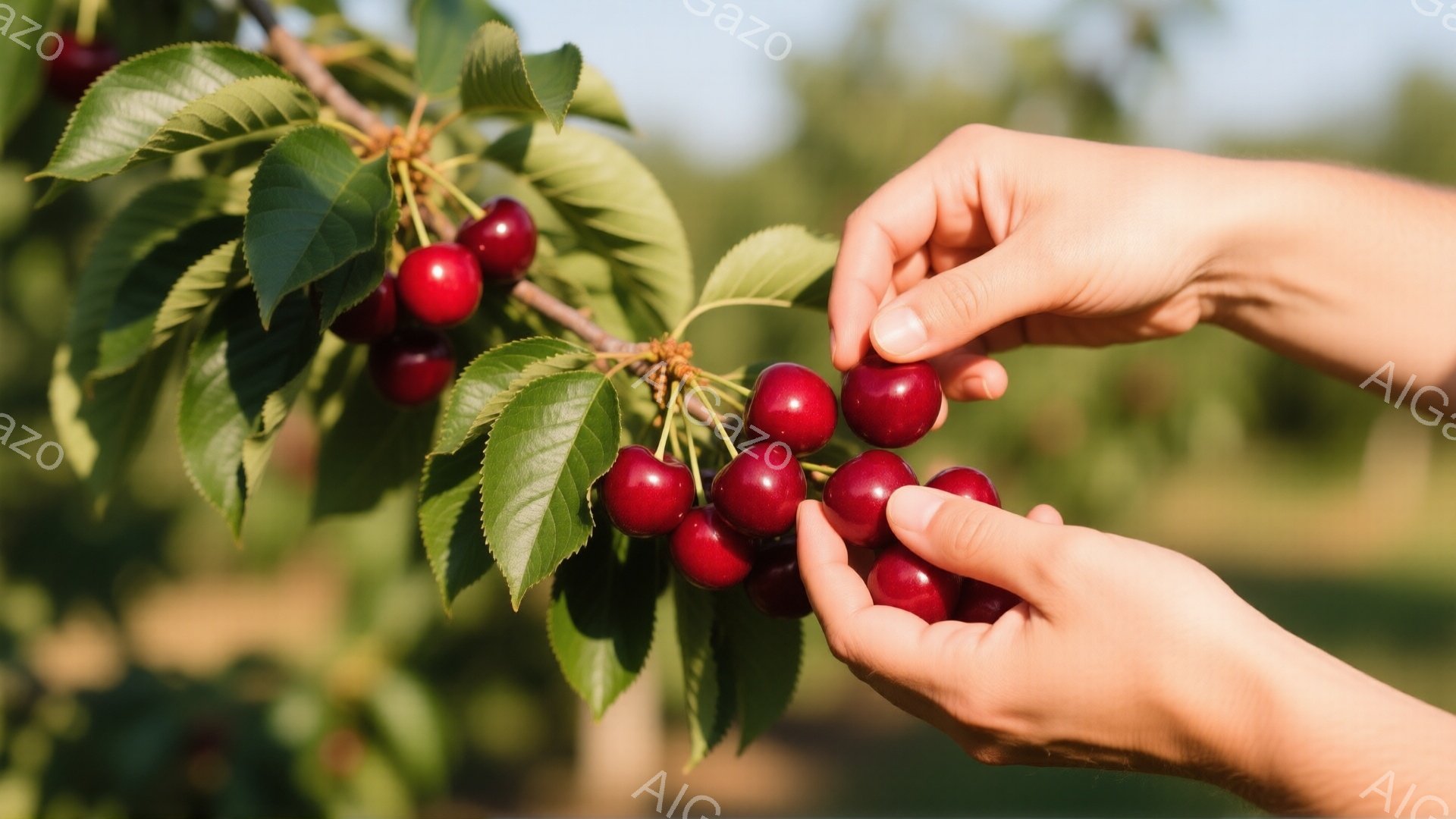 鮮やかな赤いサクランボが枝に実り、女性の手がそれらを摘み取ろうとしている様子が捉えられています。背景には緑豊かな自然が広がり、晴れた空の下で穏やかな雰囲気が漂っています。手は軽やかで、丁寧に果実を選んでいる様子が伝わってきます。