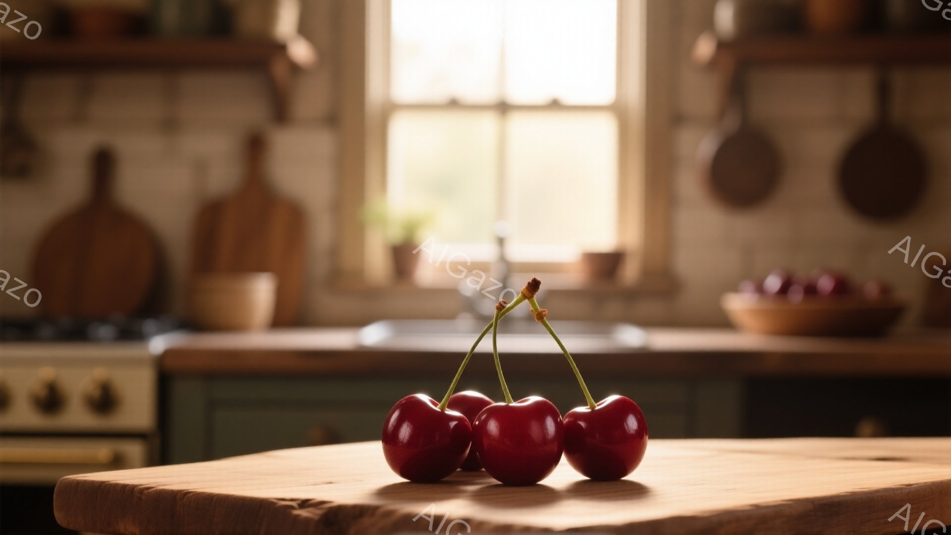 鮮やかな赤いさくらんぼが3つ、木のテーブルの上に置かれています。背景には、緑色のキャビネットと食器棚がぼやけており、窓から柔らかい光が差し込んでいます。全体的に暖かく、家庭的な雰囲気で、静物画のような印象を与えます。
