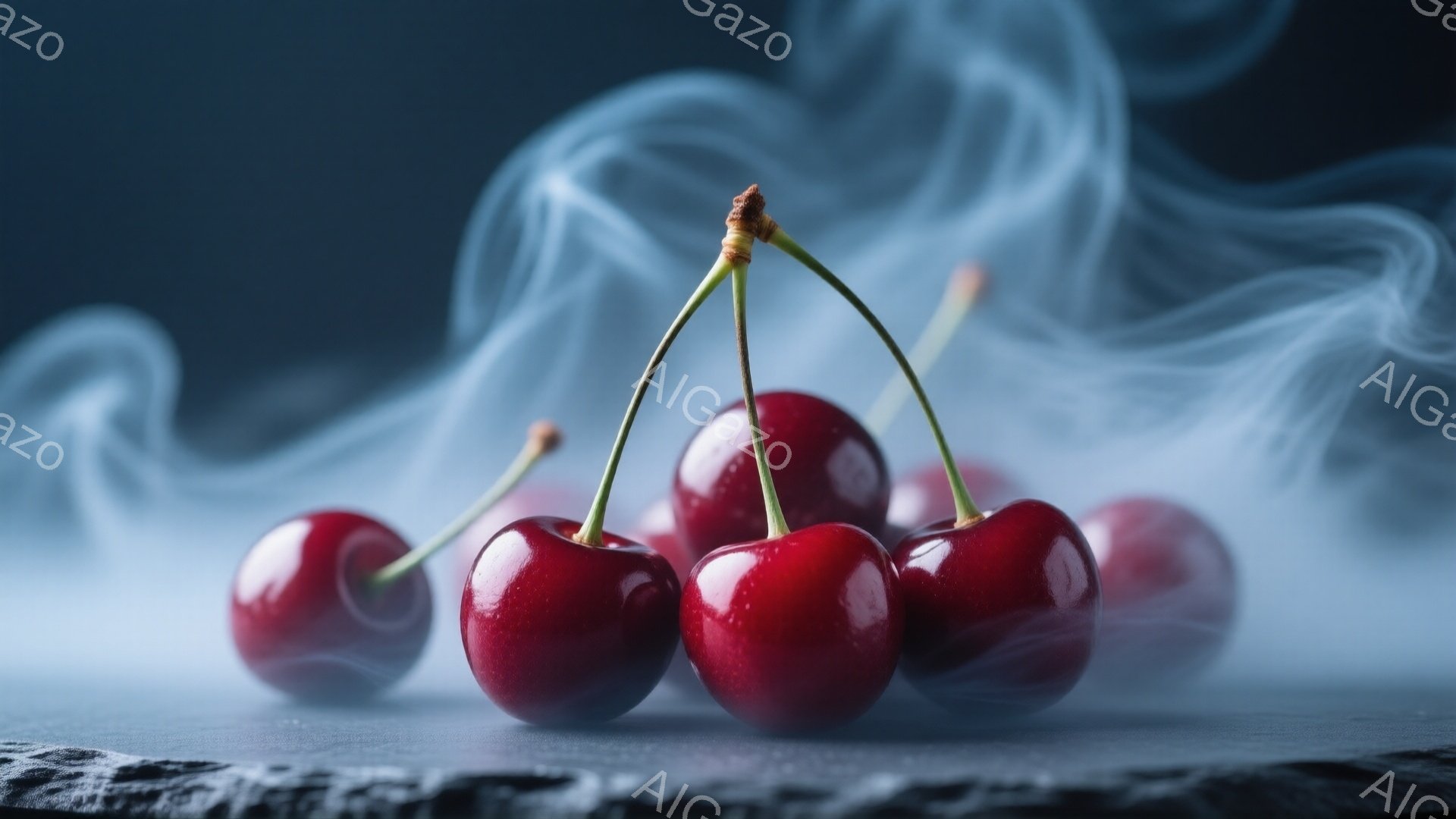 深紅色のチェリーが、黒色のざらざらした台の上に置かれている。背景には、白い煙のようなものが漂い、幻想的な雰囲気を醸し出している。全体的に、落ち着いた色調と煙の演出が、静かで神秘的な印象を与える。