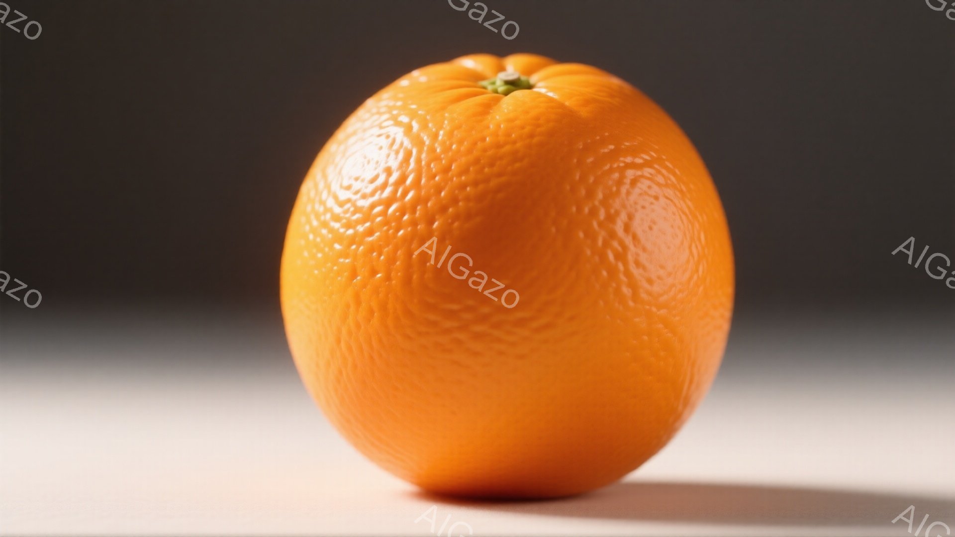 鮮やかなオレンジ色のオレンジが画面中央に配置されています。表面は小さな凹凸があり、光を受けてわずかに影が落ちています。背景はぼかした白とグレーのグラデーションで、オレンジが際立っています。 - AI生成フリー素材